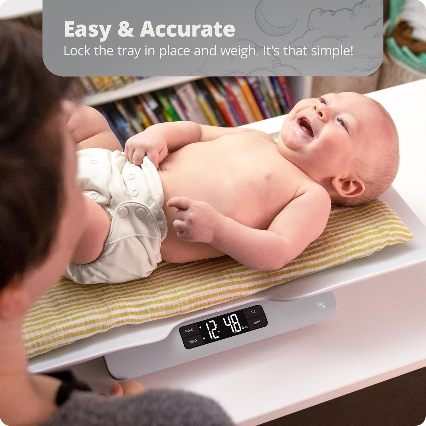 Greater Goods Digital Baby Scale with Tray – Accurate Infant & Toddler Weighing, Hold Function Helps with Baby Movement