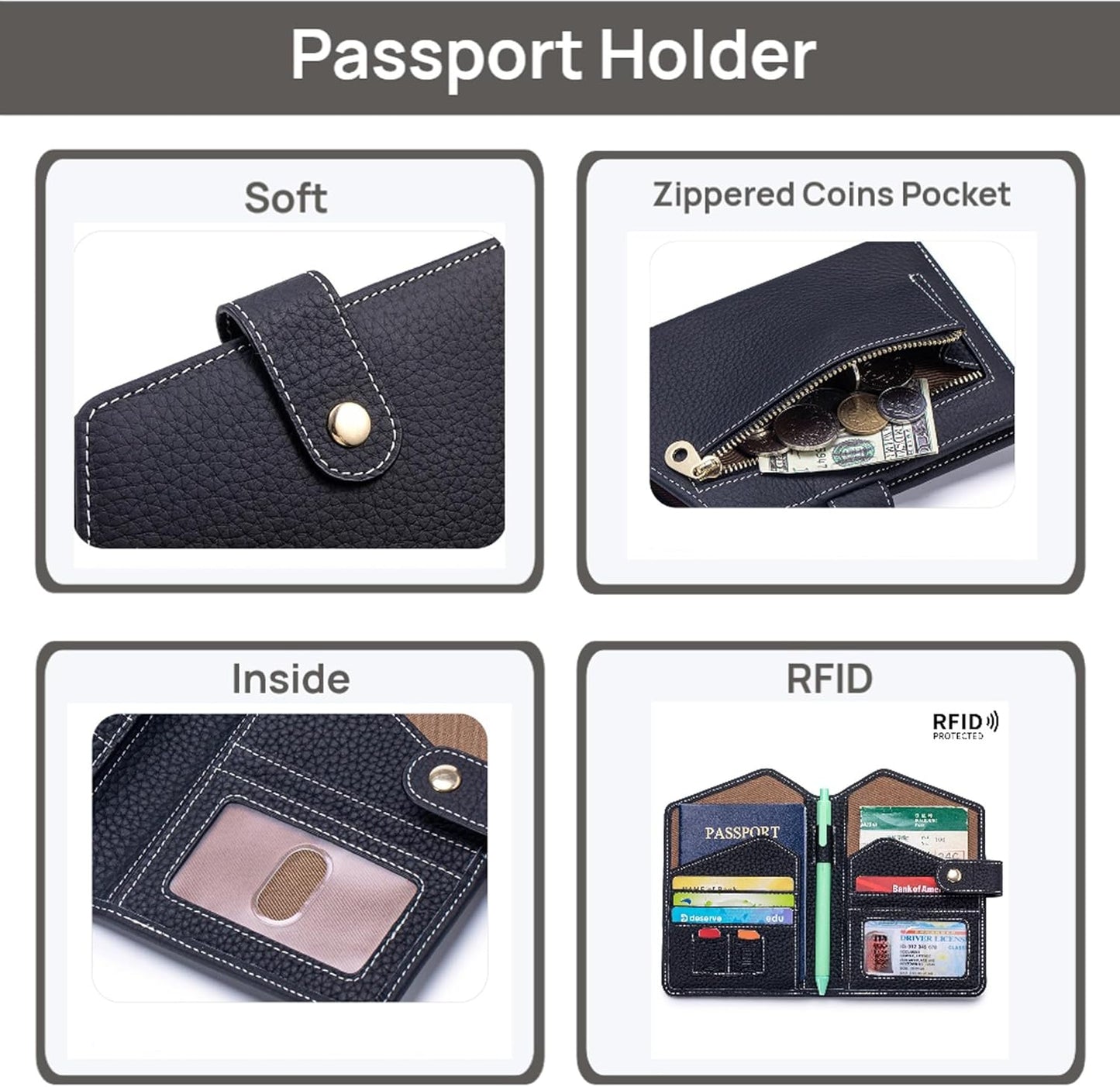 Cute RFID Passport Wallet for Women Leather Slim Passport Holder Travel Wallet Cover with Zipper Coin Purse, Credit Card, Sim and Tticket Slots (Black)