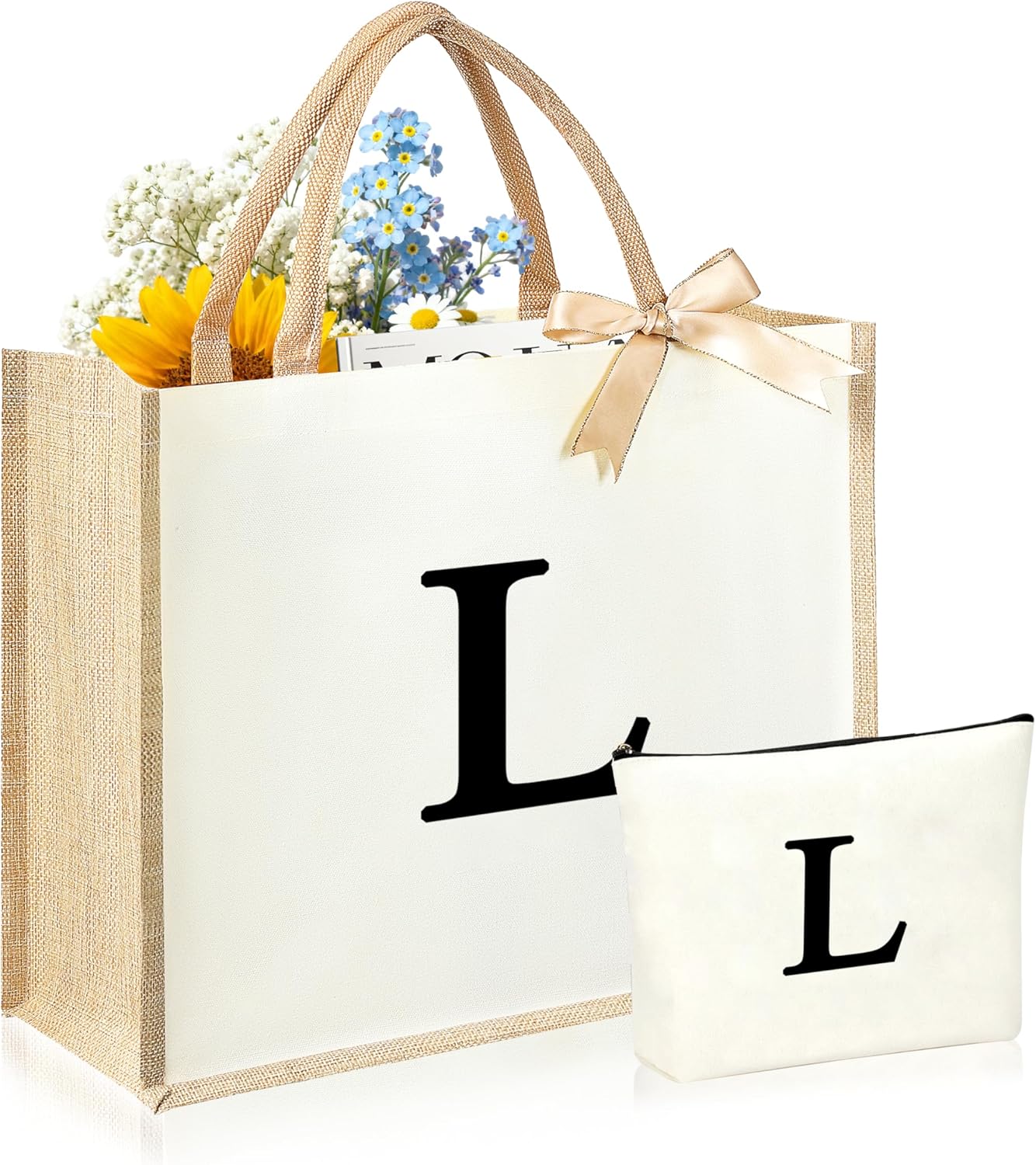 Initial Canvas Tote Bag & Makeup Bag for Women Teacher Bridesmaids，Personalized Present for Wedding, Birthday, Beach