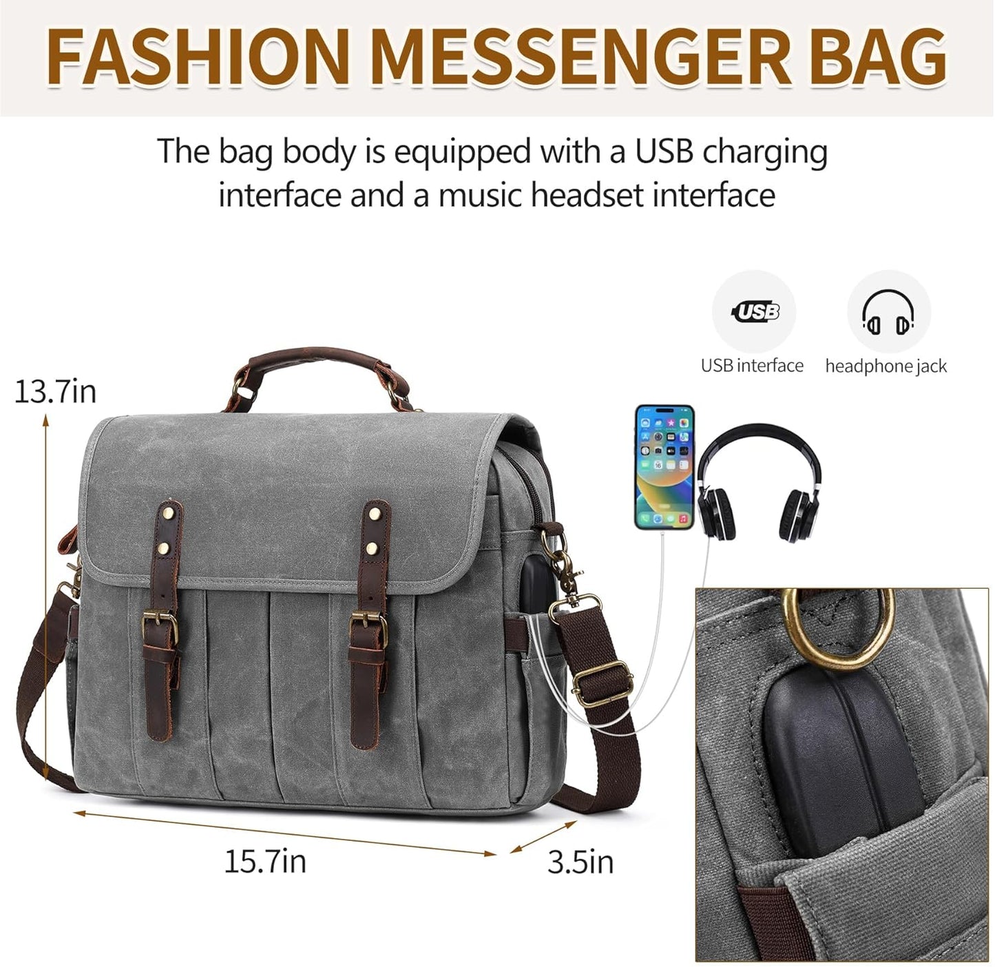 Messenger Bag for Men 15.6 Inch Vintage Canvas Genuine Leather Briefcase for Men Laptop Bag Satchel