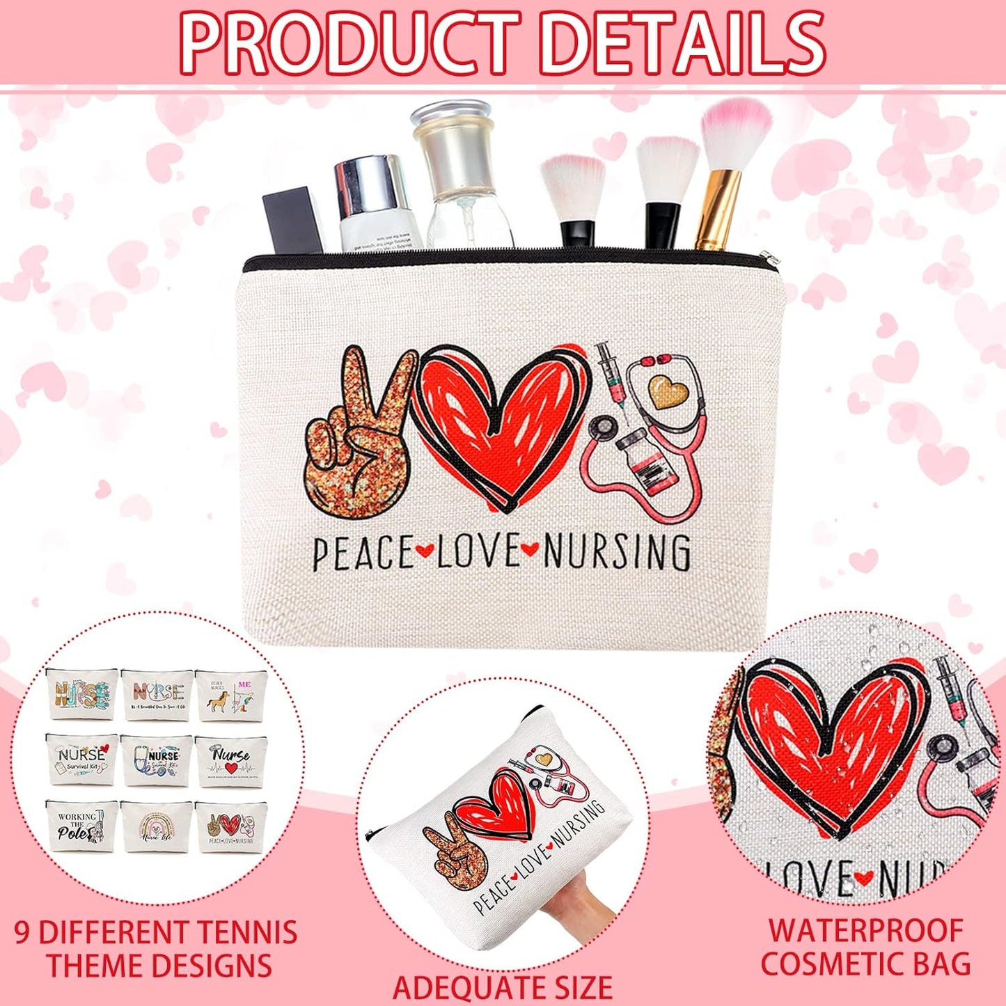 Pinkunn 9 Pcs Christmas Gifts Nurse Makeup Bags Nursing Gifts for Women Cosmetic Bag with Zipper Nursing Travel Toiletry Bag Survival Kit for Birthday Gift Funny for Nurses Student Thank You
