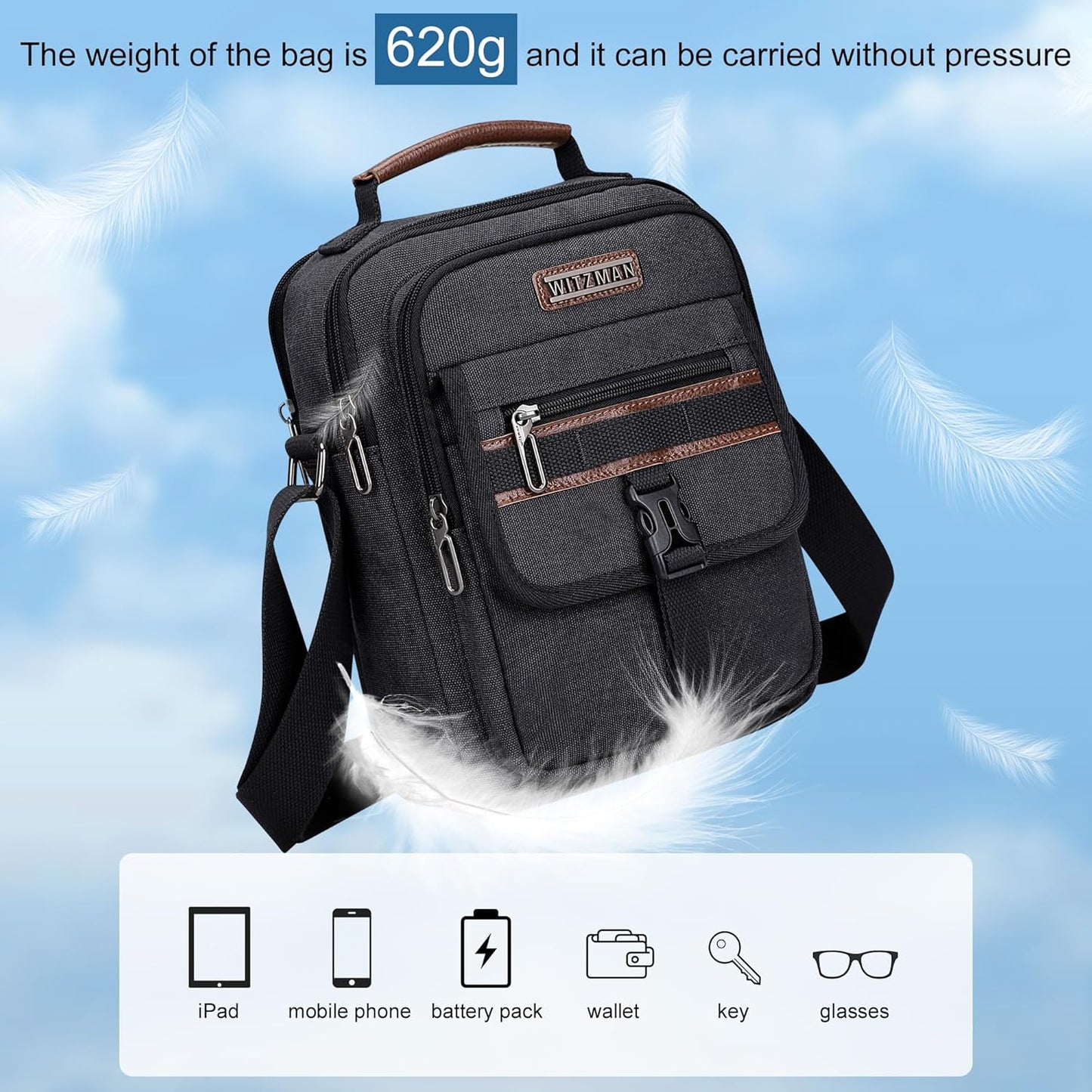 WITZMAN Crossbody Bag for Men Canvas Messenger Bags Vintage Man Purse Small Casual Shoulder Bag for Work Traveling