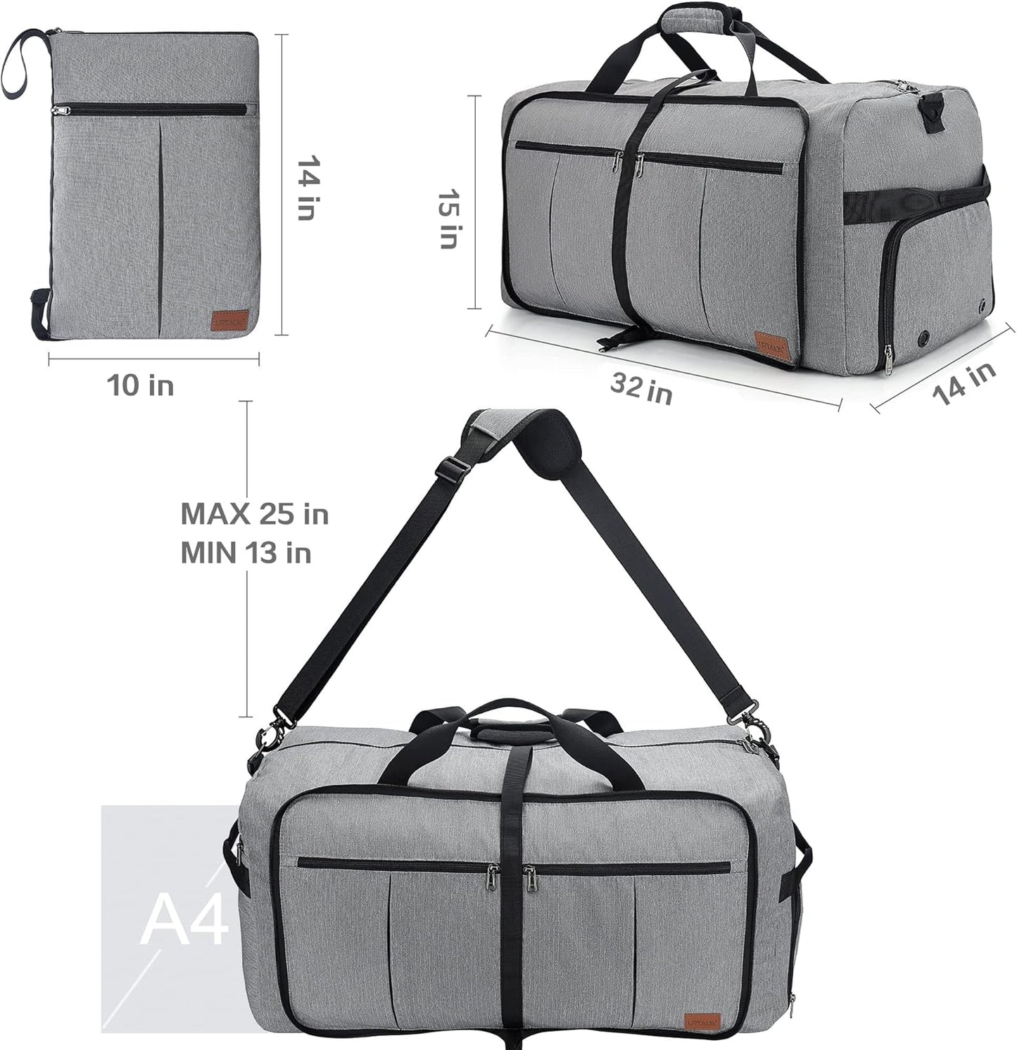 100L Travel Duffle Bag for Men, Urtala 32” Large Duffle Bag for Traveling with Shoe Compartment, Foldable Travel Duffel Bag Weekender Bag Gym Bag for Men Women Waterproof & Tear Resistant (Gray)