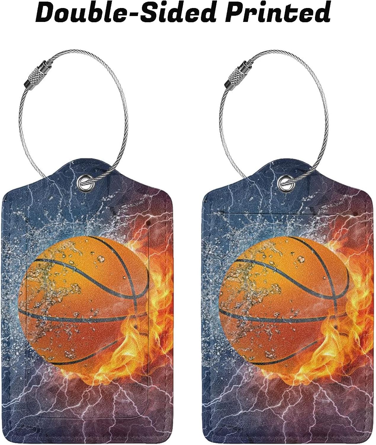 2 Pcs Basketball Luggage Tags for Boys Mens Suitcases for Travel, Sport PU Leather Name Labels Tag Bag Tags with Steel Stainless Loop and Full-Width Design Cover & Address Card