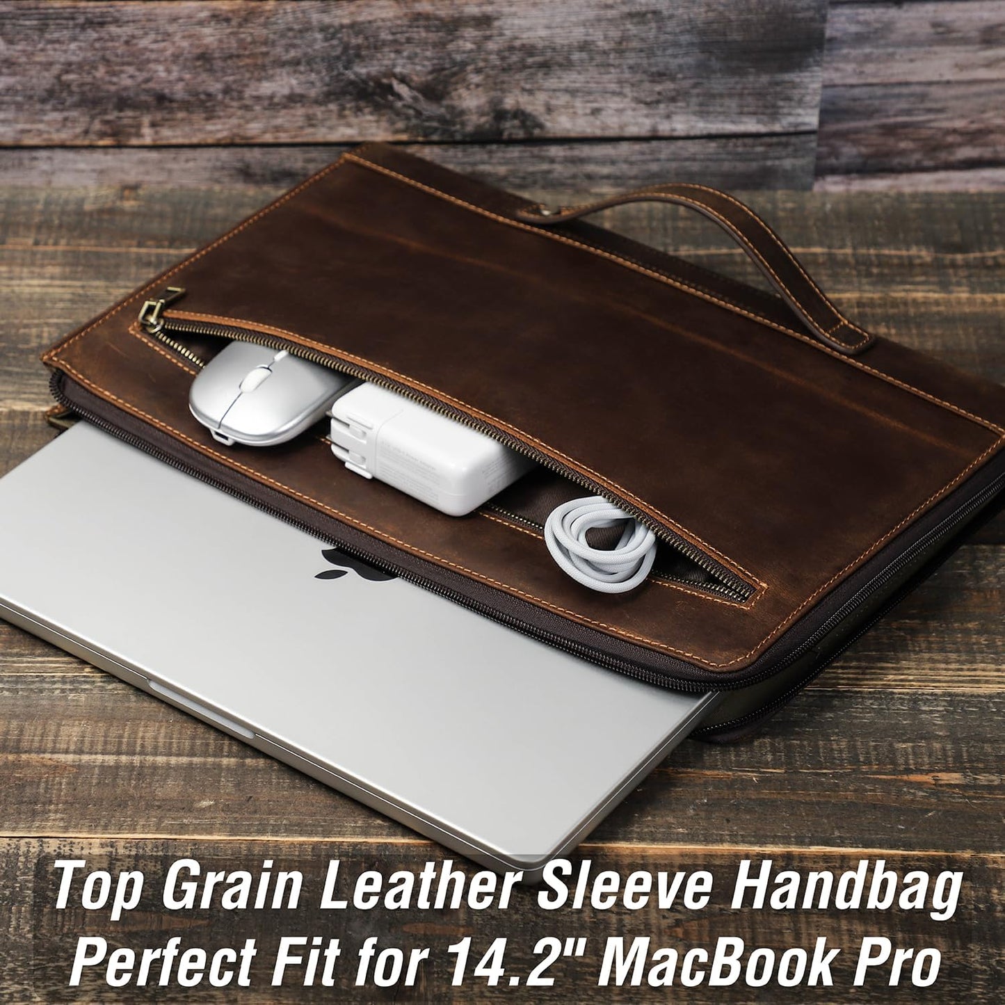 Top Grain Leather 14.2" Slim Laptop 90° Zipper Bag, Vintage Design, Handmade, Compatible with MacBook Pro/Air 14"/13.3"/13.6" 2021 2022 M1 Pro/M1 Max A2442 & Other Laptop, Coffee 14.2 Inch