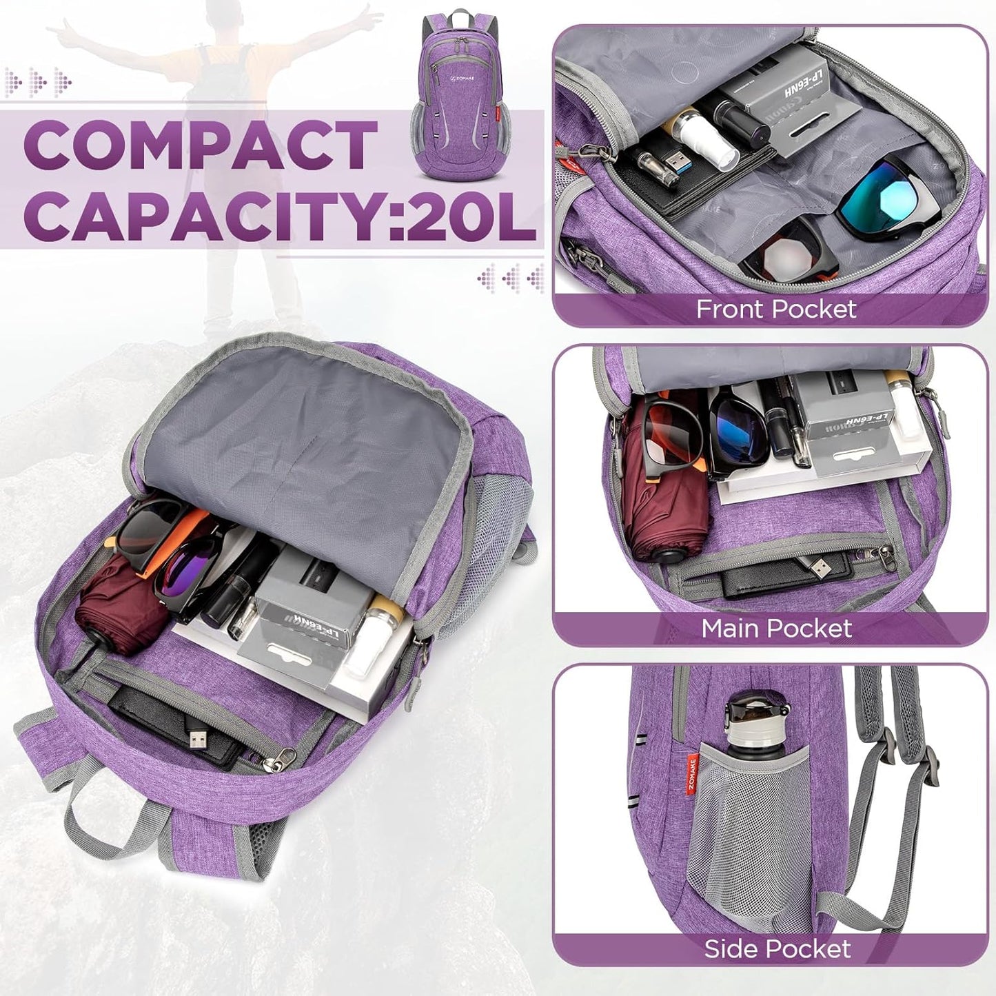 ZOMAKE Ultra Lightweight Packable Backpack 20L,Small Foldable Backpacks Hiking Water Resistant