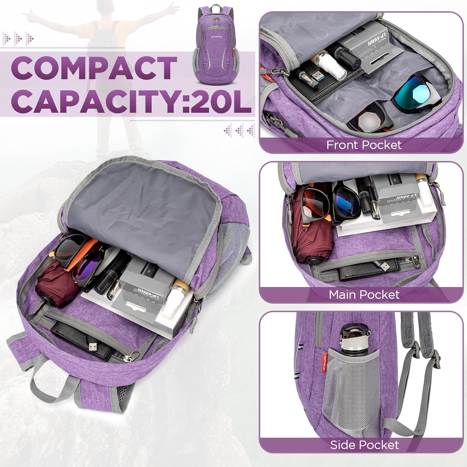 ZOMAKE Ultra Lightweight Packable Backpack 20L,Small Foldable Backpacks Hiking Water Resistant