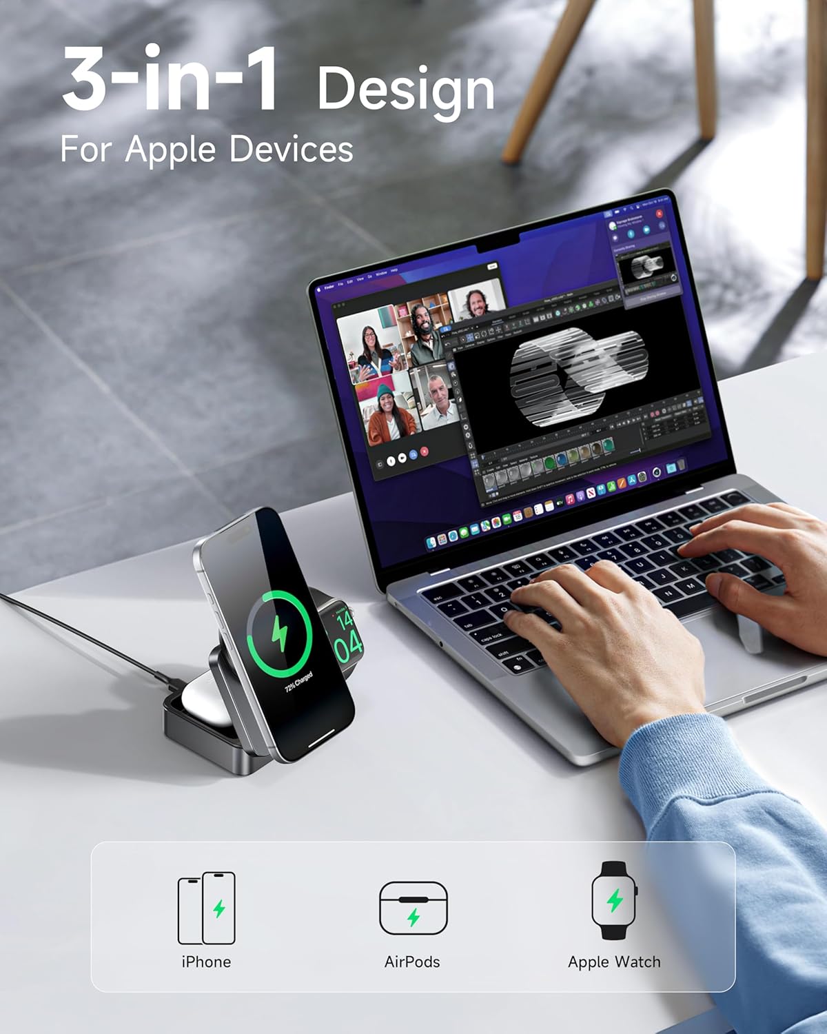 3-in-1 Wireless Charging Station for Apple, Qi2 Certified 15W Foldable Mag-Safe Travel Charger Stand Wireless Charger Dock for iPhone 17/16/15/14/13/12, Apple Watch & AirPods (30W Adapter Included)