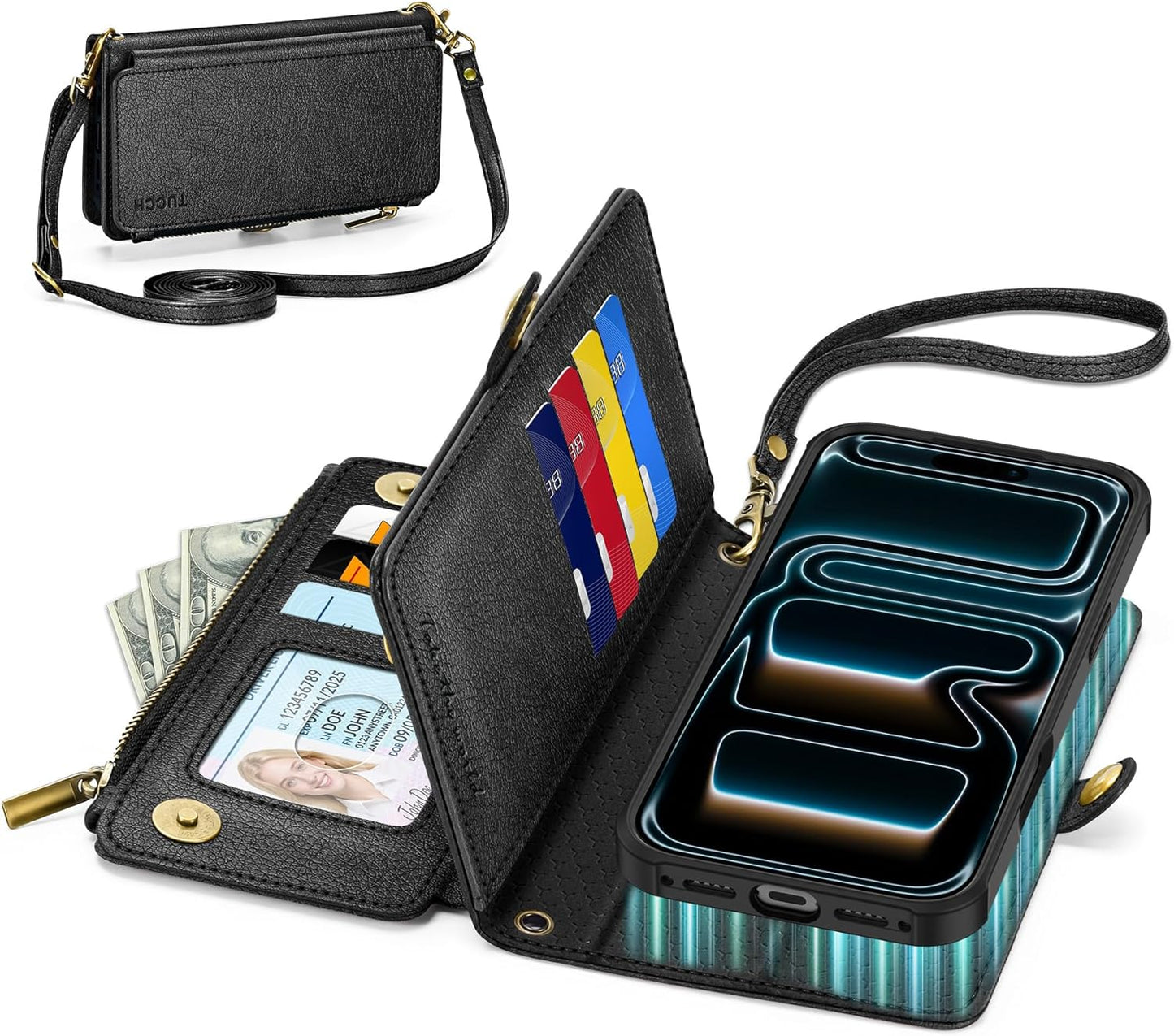 TUCCH Removable Crossbody Case Wallet for iPhone 17 Pro Max, 10 Card Slots RFID Blocking, Stand, Lanyard, Wrist Strap, Wireless Charging, Zipper Pocket, PU Leather, Magnetic Flip Cover, Textured Black