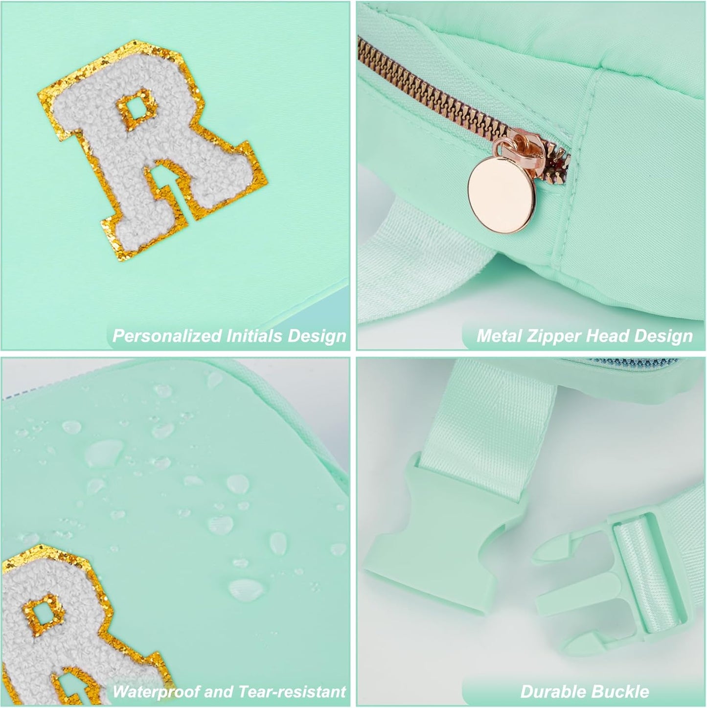 Belt Bag Fanny Pack Crossbody Bags with Initials Cute Stuff Birthday Gifts for Teenager Girls Trendy Stuff for Teens - White R,Light Green Bag