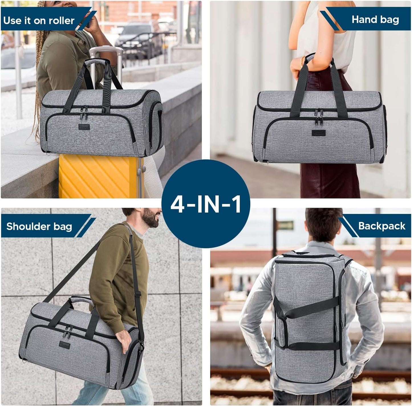 Garment Bags for Travel,Convertible Garment Bag with Shoulder Strap, 4 in 1 Suit Bag Travel with Shoes Foldable 58L Carry on Garment Bag for Men Women Garment Duffle Bags for Travel,Grey