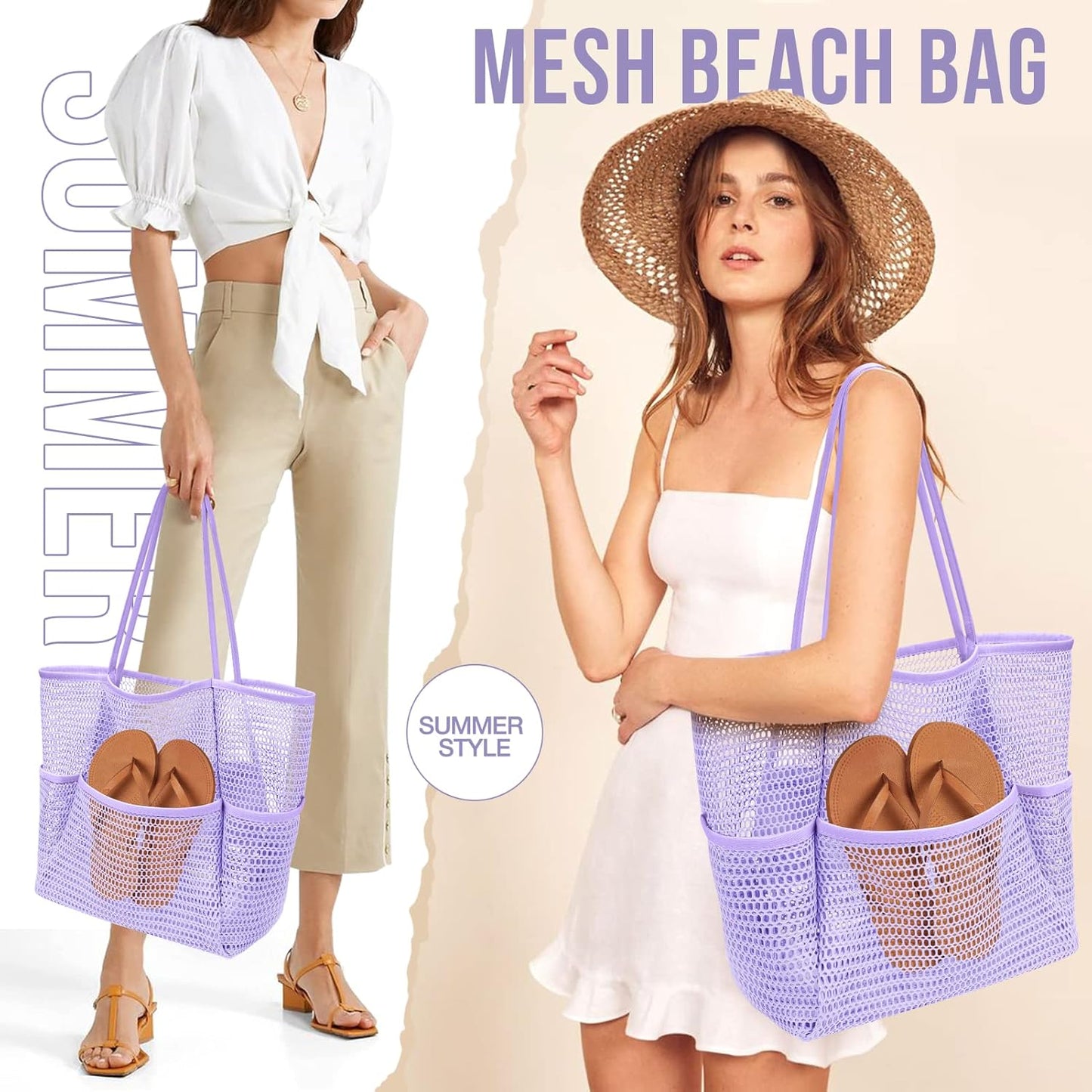 KPX Beach Bag with Mini Pocket, Beach Tote Bags for Women Large Foldable Mesh Swimming Pool Travel Bags - Sandproof