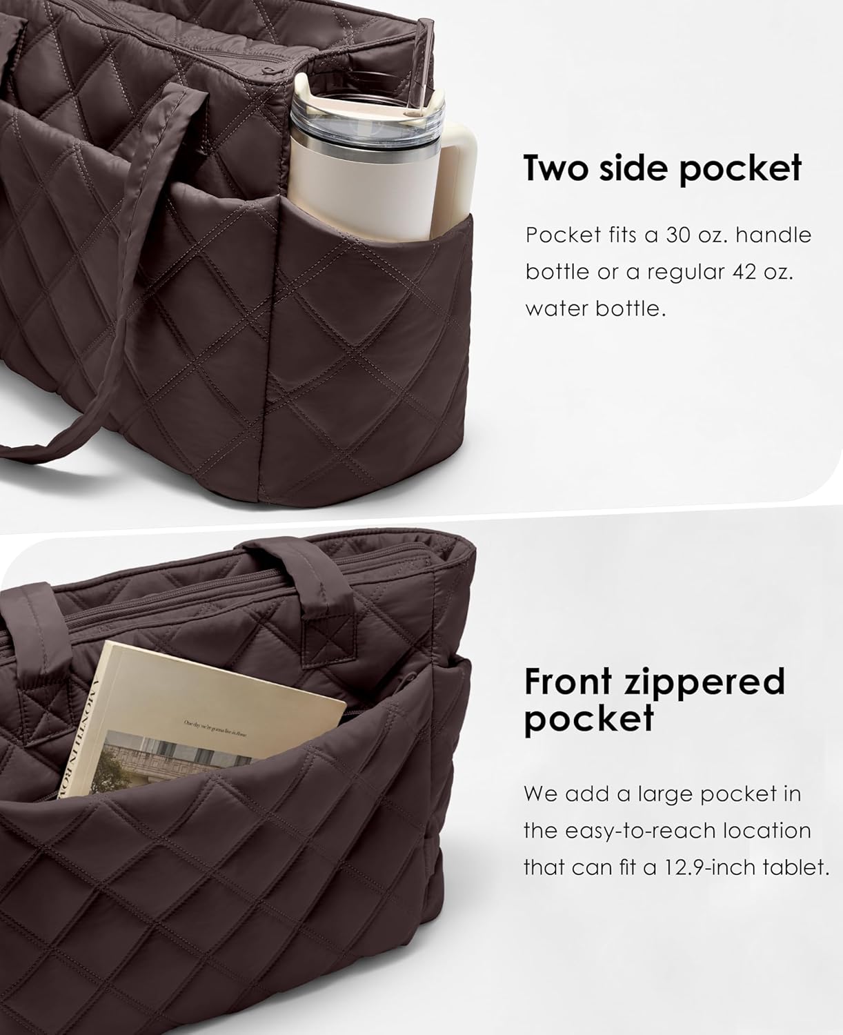 Tote Bag for Women, Lightweight Puffer Tote Work Bags with Compartments for Travel, Quilted Shoulder Bag with Zipper