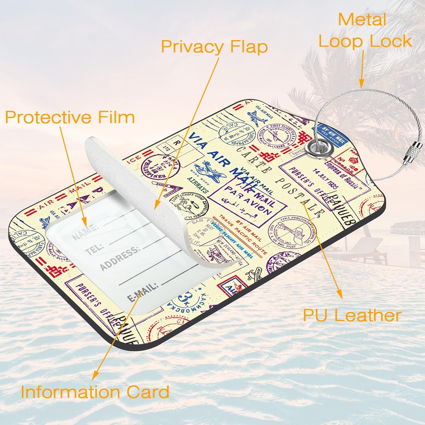 3 Pack Luggage Tag for Suitcase Vintage Travel Stamp Leather Travel Cruise Luggage Tag with Stainless Steel Loop Name ID Label Privacy Cover for Adults Teens Travel Bag Labels Set