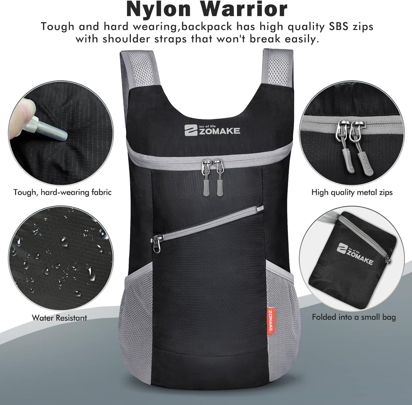 ZOMAKE Lightweight Packable Backpack 14L, Foldable Backpacks Small Daypack Hiking Daypacks Water Resistant Day Bag for Travel(Black)