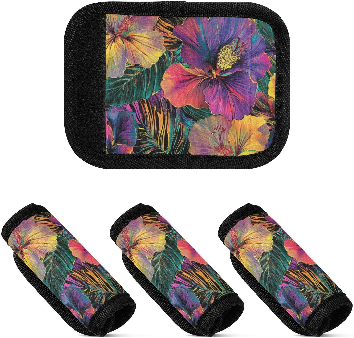 Colorful Blooming Hibiscus 4 Pack Luggage Handle Wraps Covers for Suitcase Identifiers Bag Tags Travel Accessories