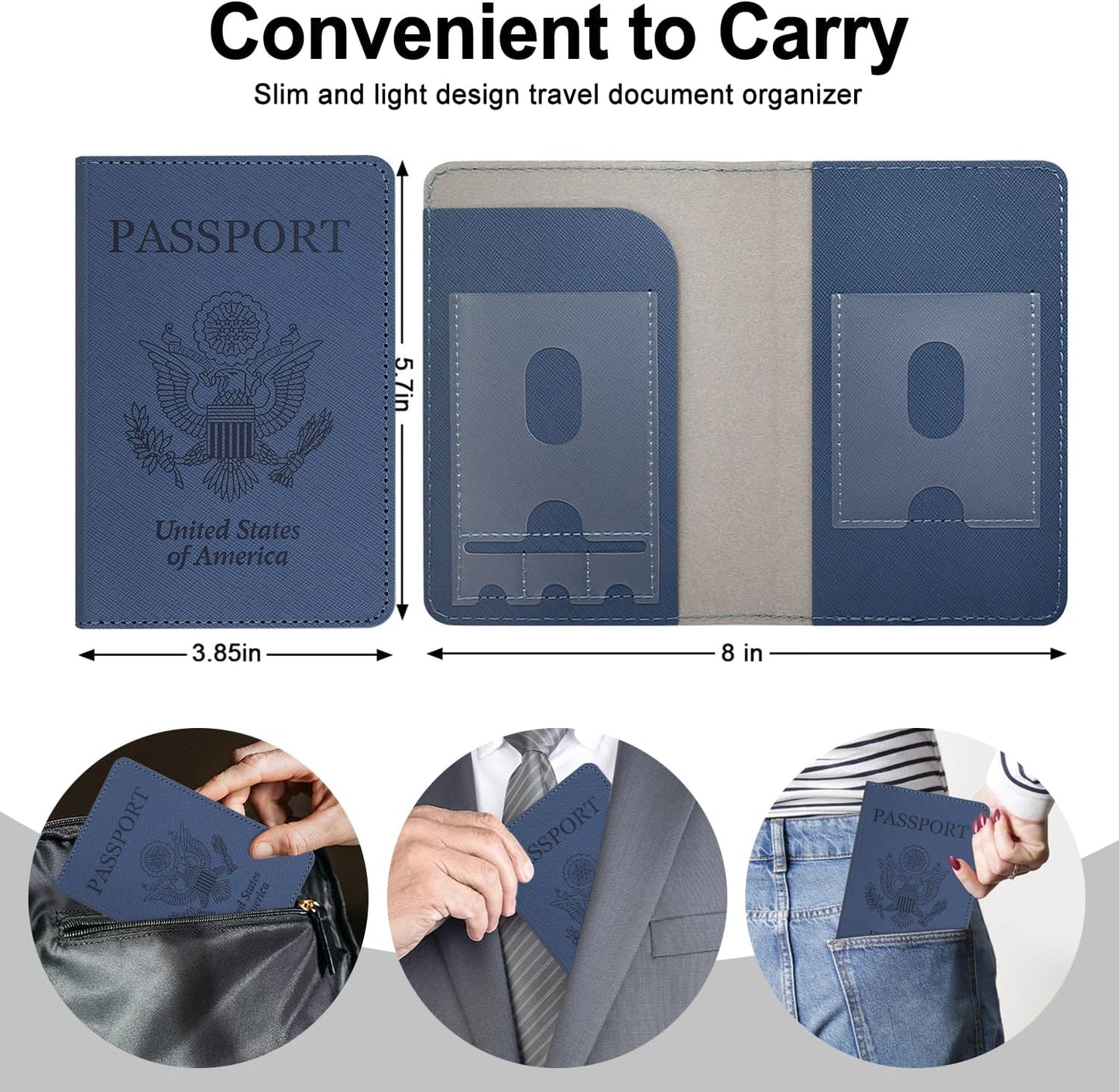 RSAquar Passport Holder for Women and Men, Premium PU Leather Travel Passport Wallet RFID Blocking Passport Cover Travel Documents Organizer (JD-Blue)