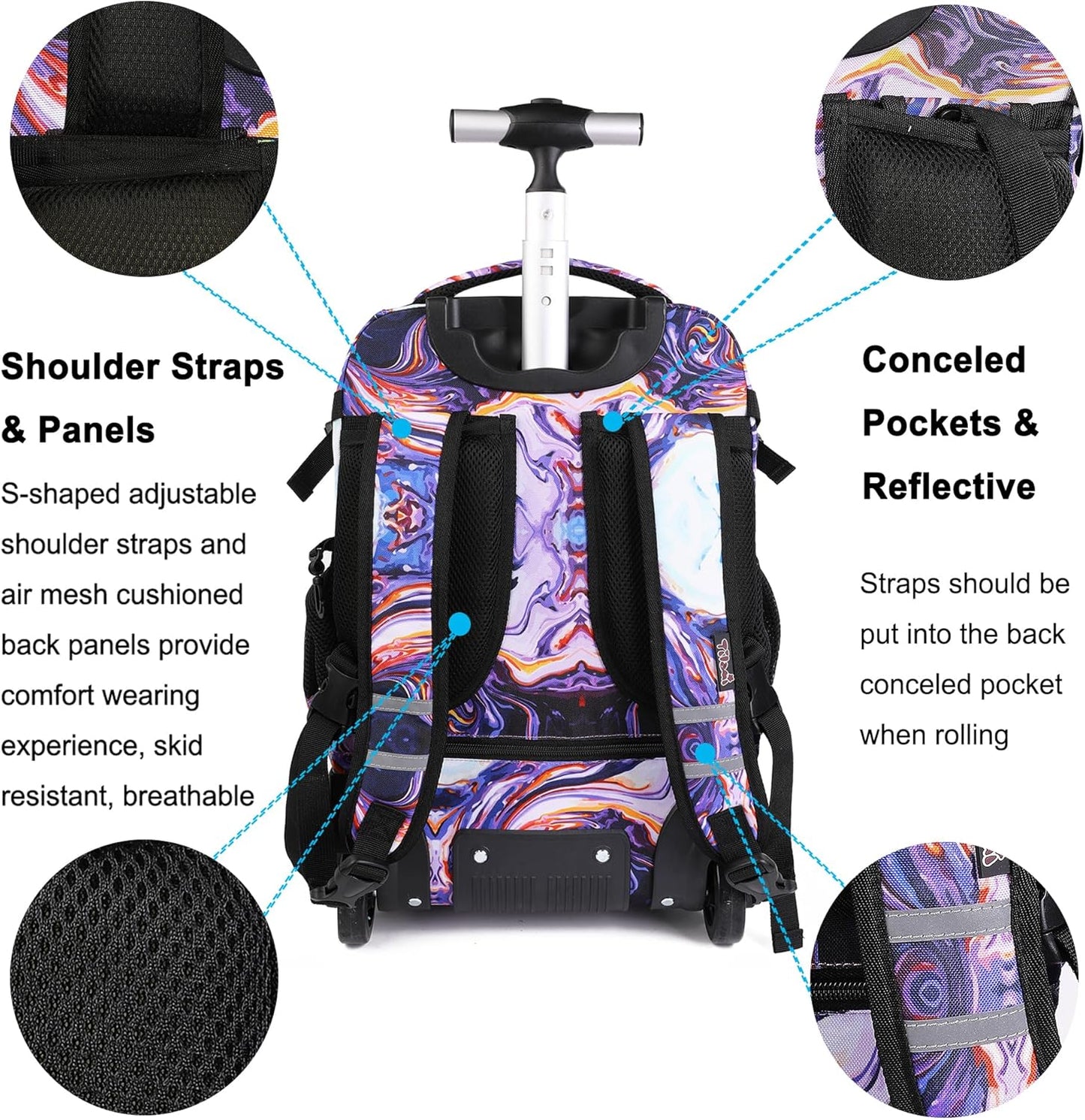 Tilami Rolling Backpack 19 inch with Lunchbox Wheeled Laptop Backpack, Painting Purple