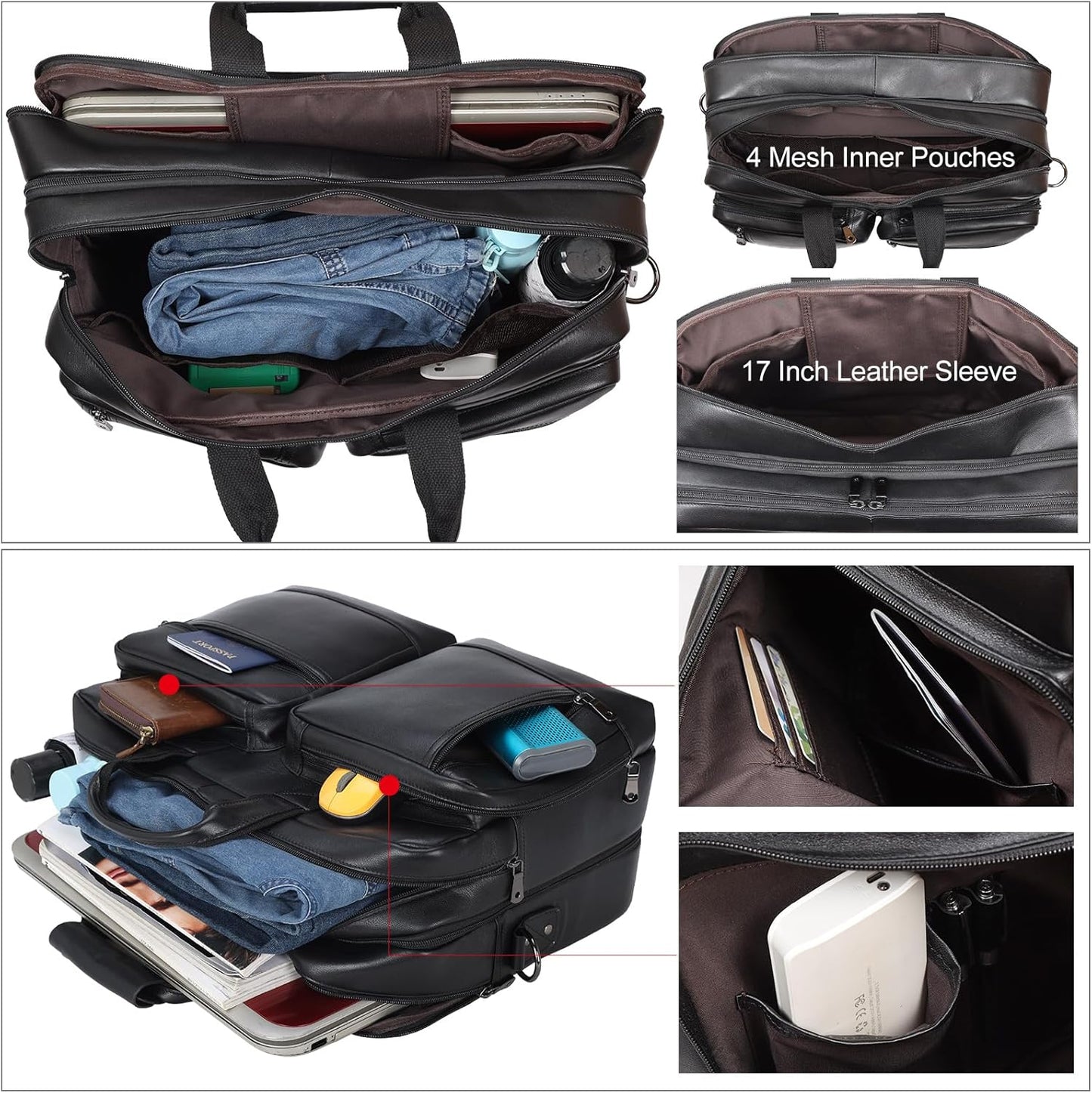 Leather Briefcase for Men Expandable Large 17 Inch Laptop Crossbody Shoulder Bag Business Travel