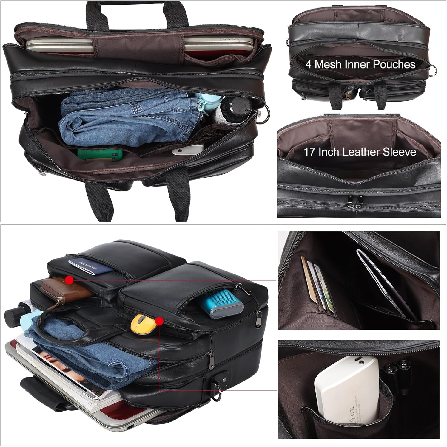 Leather Briefcase for Men Expandable Large 17 Inch Laptop Crossbody Shoulder Bag Business Travel