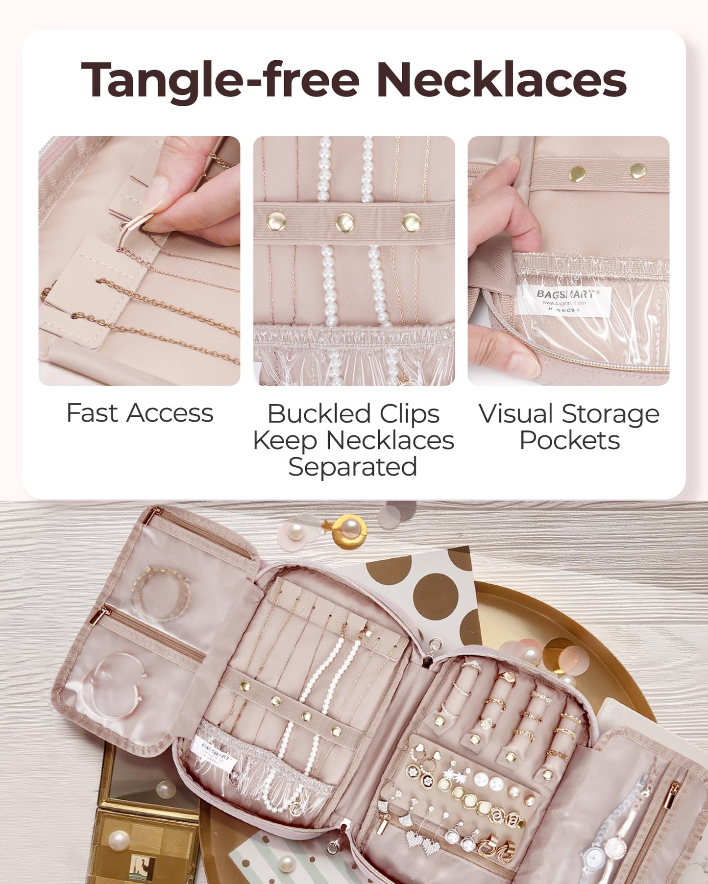 BAGSMART Jewelry Organizer Case Large Travel Jewelry Storage Bag for Necklace, Earrings, Rings
