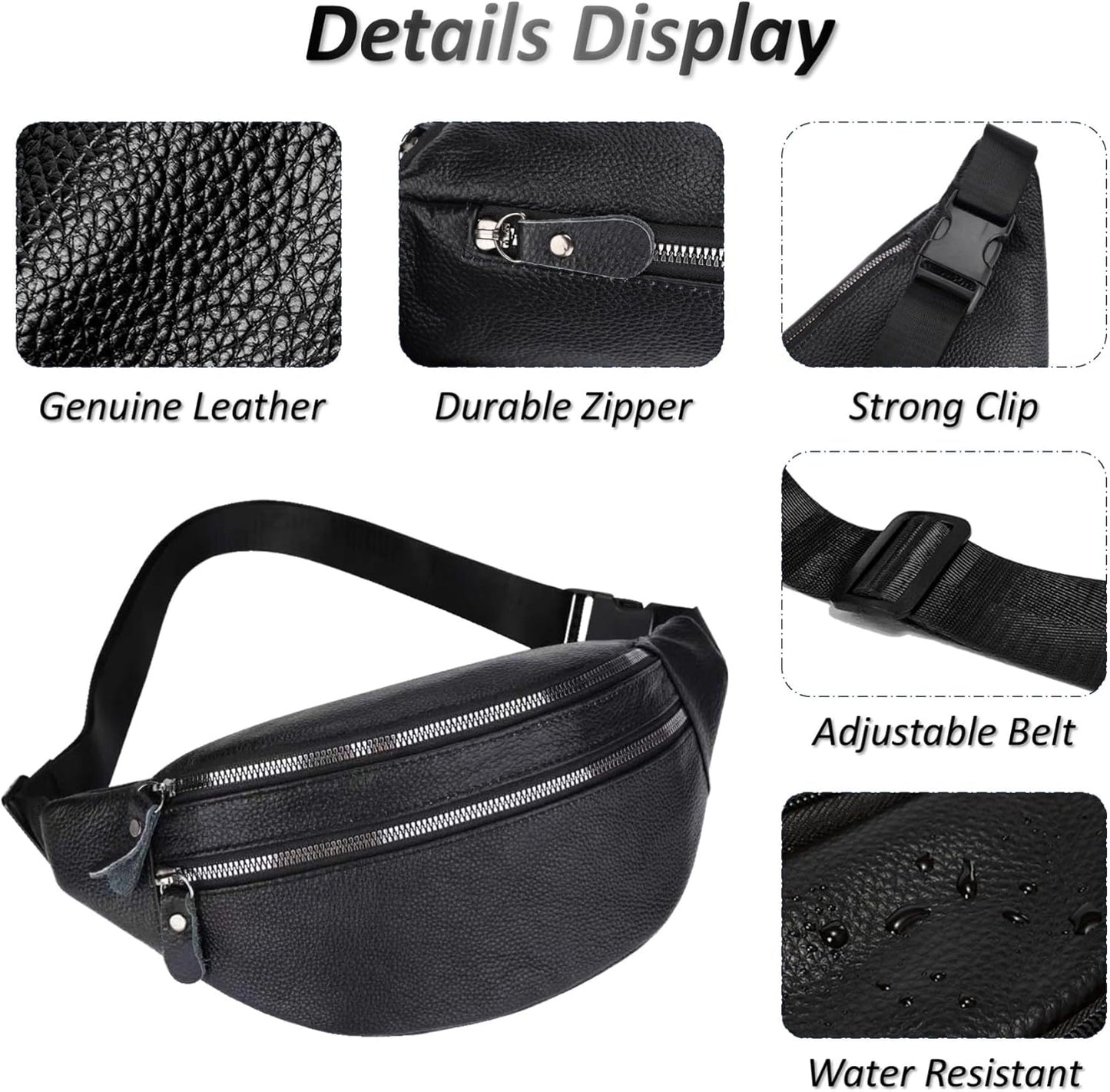 Genuine Leather Waist Bag, Outdoor Travel Waist Pack, Cowhide Leather Fanny Pack with Adjustable Strap, Suitable for Travelling, Outdoor Hiking, Cycling, Running - Black & Large