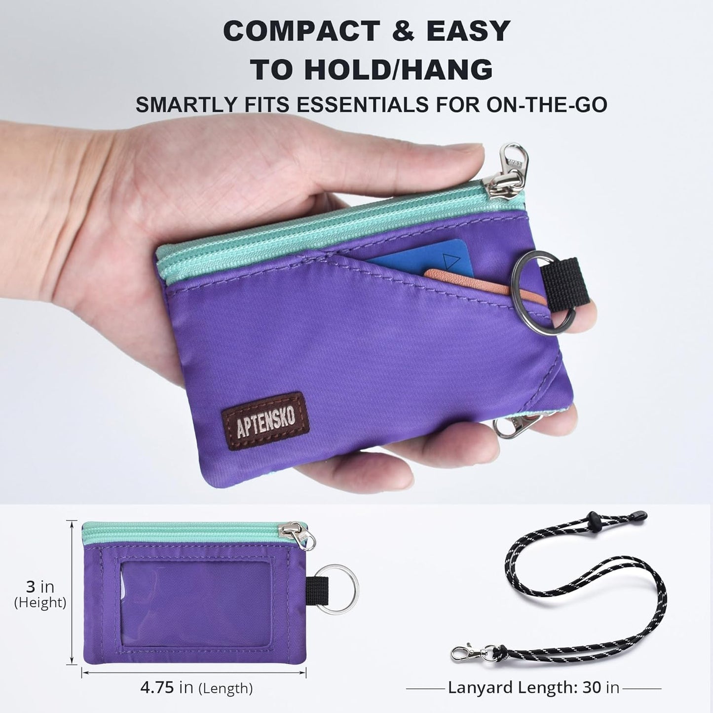 RFID Travel Wallet with Adjustable Lanyard-Zipper Small Wallet with ID Card Holder, Keychain for women&men-Minimalist Slim Waterproof Nylon case for ID, Cash, Key (Violet)
