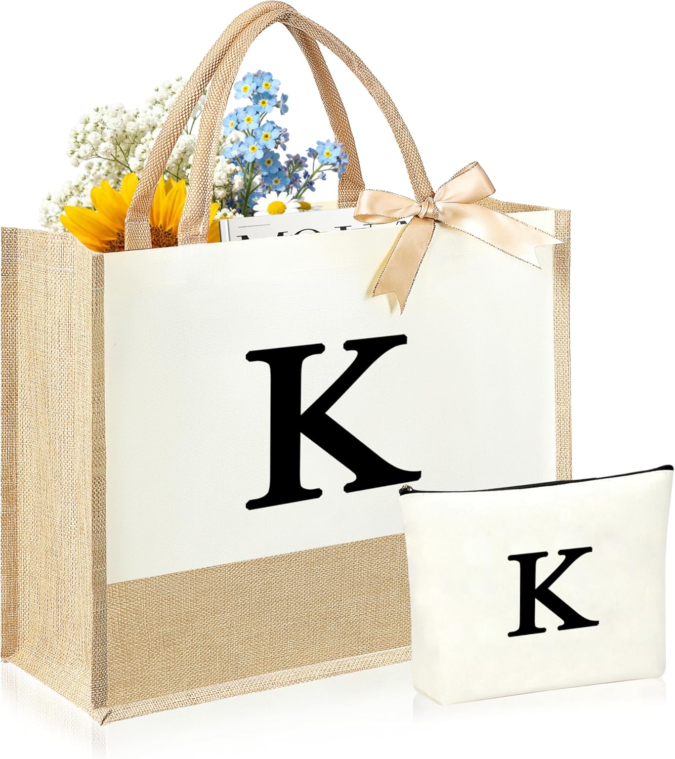 Initial Canvas Tote Bag & Makeup Bag for Women Teacher Bridesmaids，Personalized Present for Wedding, Birthday, Beach