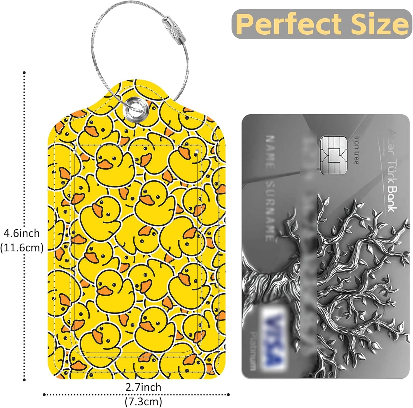 Cartoon Rubber Ducky Isolated Luggage Tags 2PCS PU Leather Suitcases Tag with Stainless Steel Loop and Privacy Name Address Cover Label Card for Women Men Travel