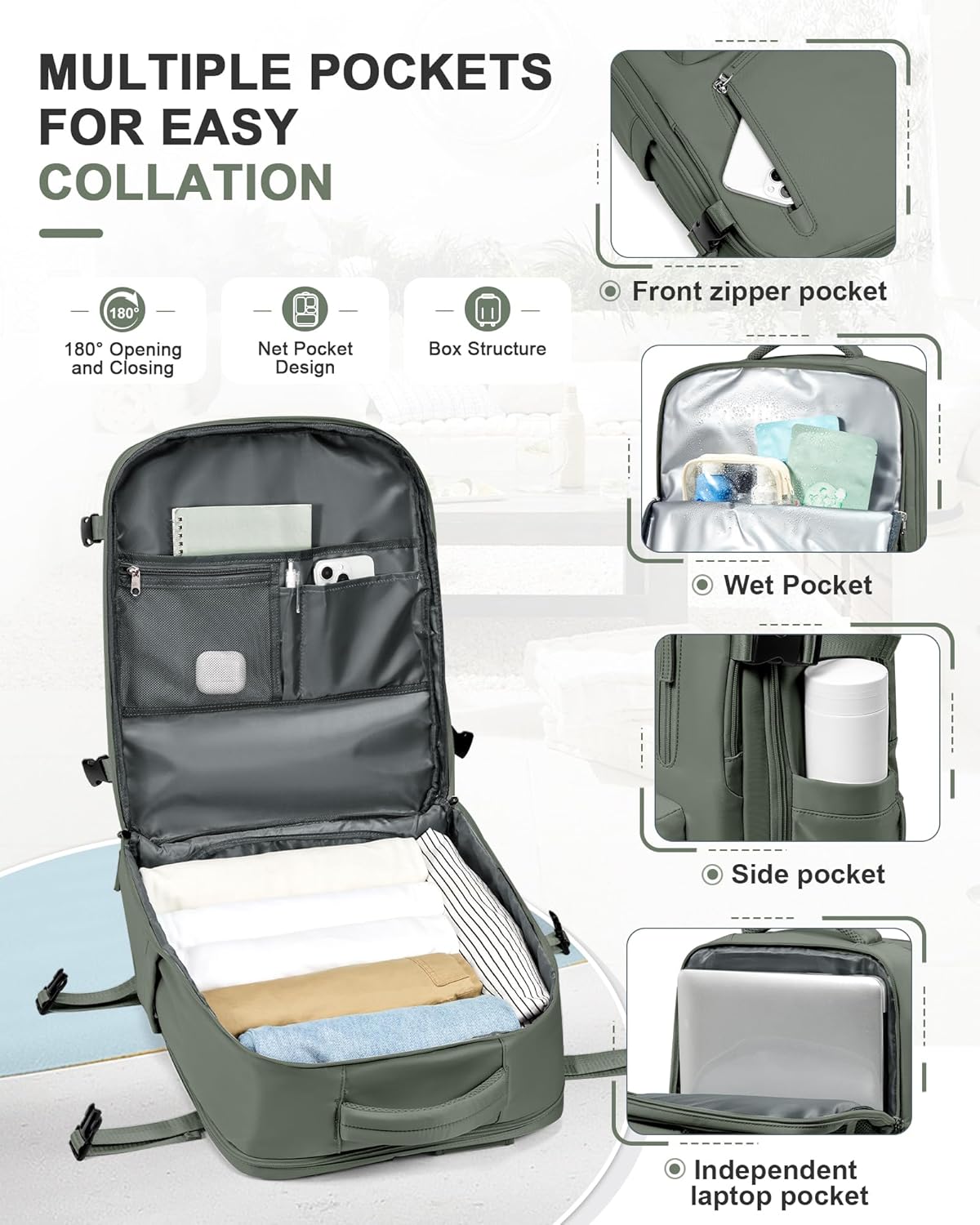 VGCUB Travel Backpack for Women Men for Spirit Airlines Personal Item Bag 18x14x8 Inches Laptop College Backpack,Waterproof Carry on Flight Approved Work Backpack,Large Army green