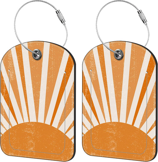 2 Pack Cute Luggage Tag for Suitcases Orange Sun Print Boho Leather Luggage Tags with Stainless Steel Loop Privacy Flap Name Tags,Men and Women Travel Bag Suitcase Tags