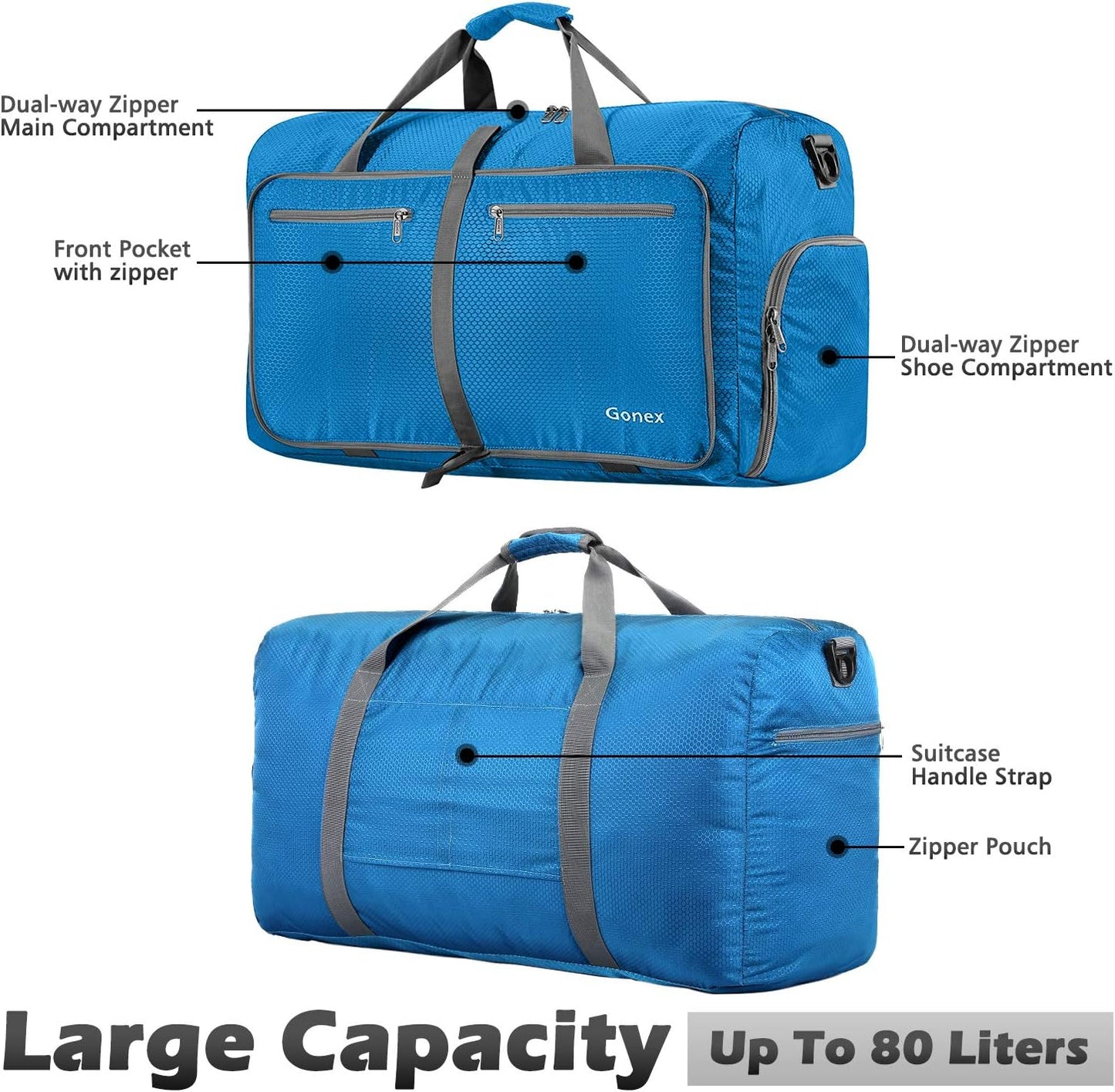 Gonex 40L 60L 80L 100L 150L Large Foldable Travel Duffle Bag with Shoes Compartment, Packable Lightweight Water Repellent Duffel Bag for Camping Gym Weekender Bag