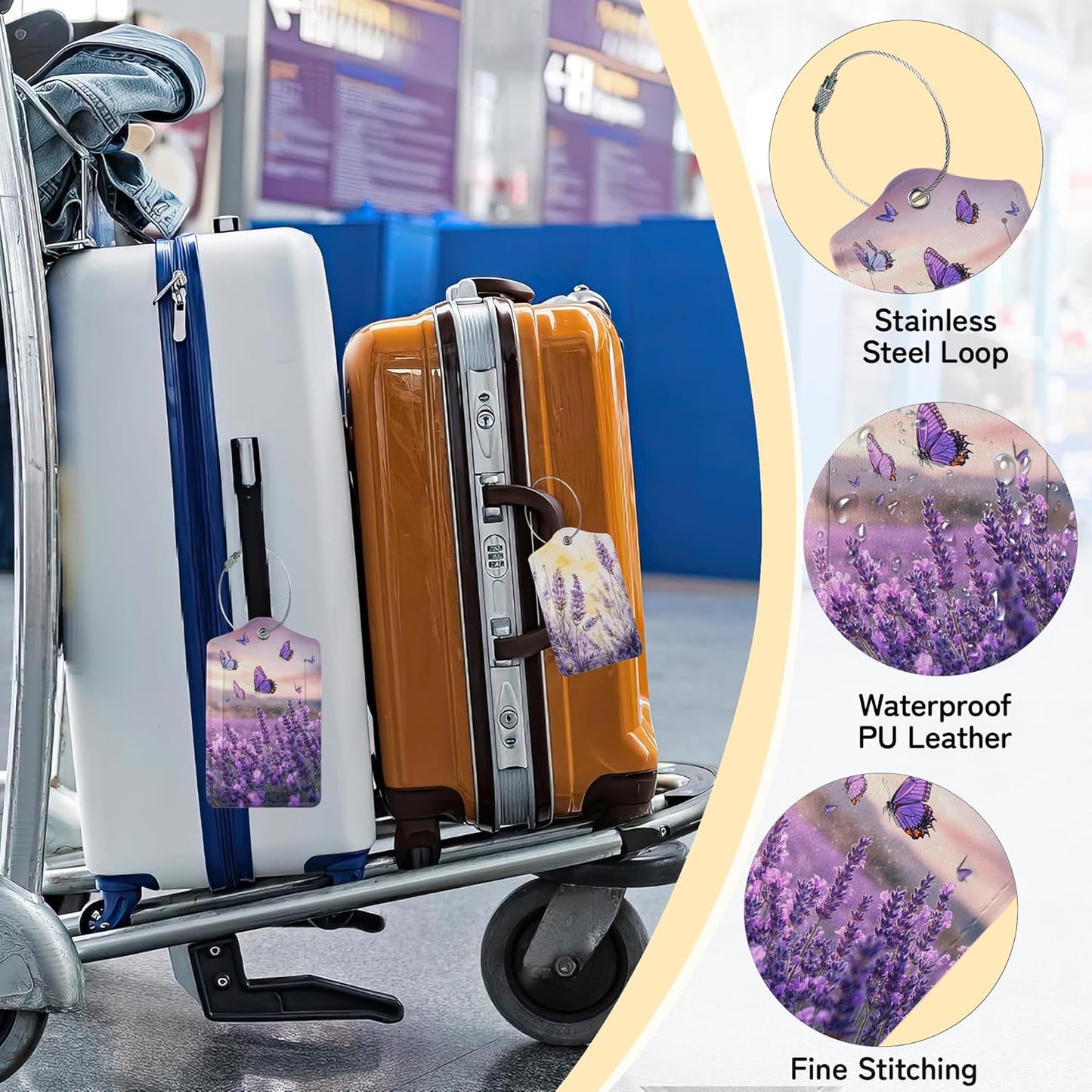 3 Pack PU Lavender Butterfly Leahter Luggage Tag with Stainless Steel Loop,Travel Suitcase Labels with Privacy Cover ID Label Quickly Spot for Bags