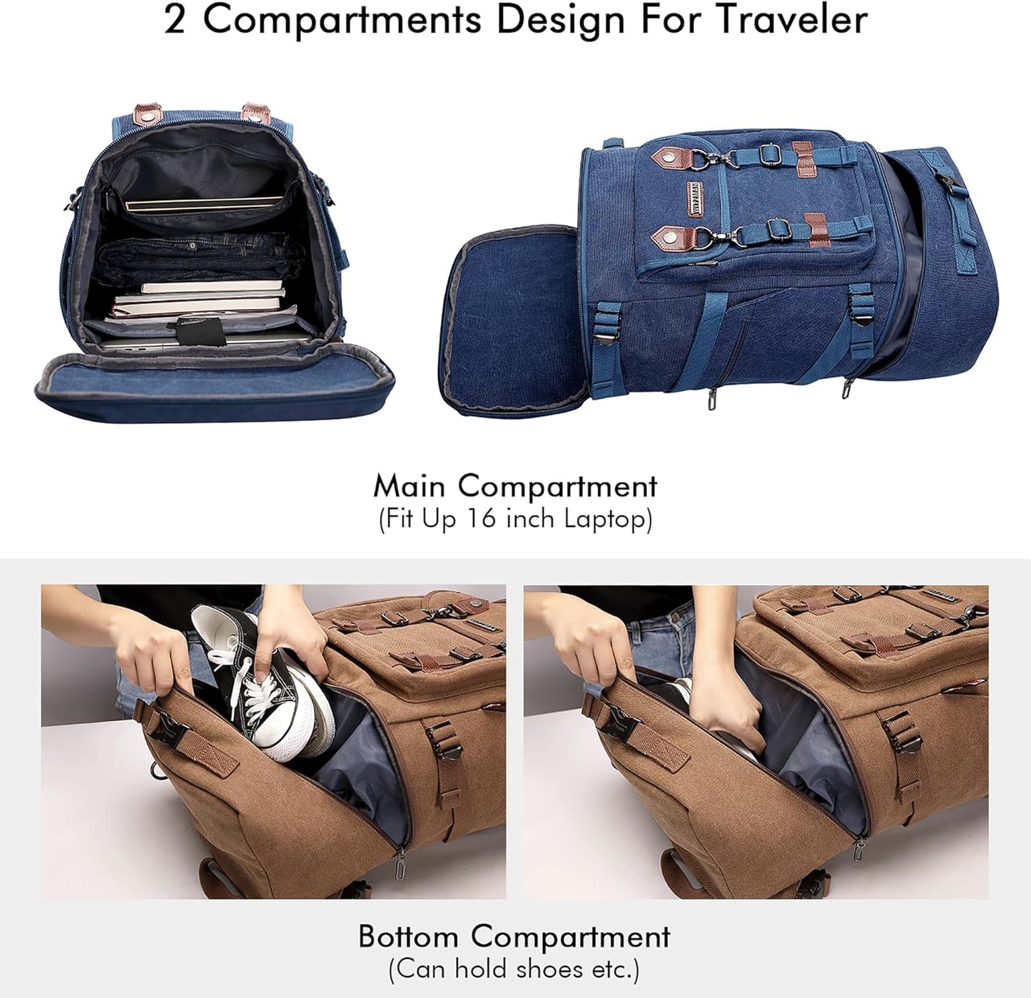 WITZMAN Travel Backpack for Men Women Canvas Backpack Carry on Luggage Rucksack Convertible Duffel Bag Large (A568 Blue)