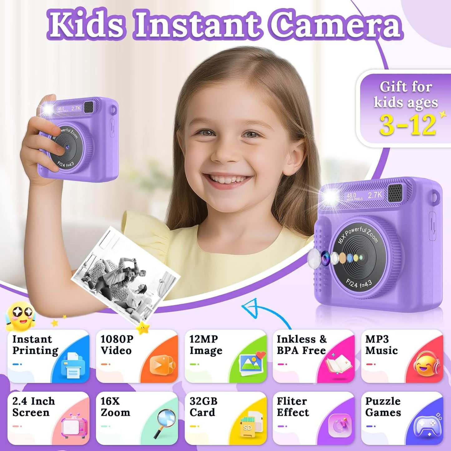Kids Camera Instant Print, HD Digital Video Recorder with 32GB SD Card, Gifts for 3-12 Year Old Girls and Boys, Portable Toy for Toddlers and Kids - Purple
