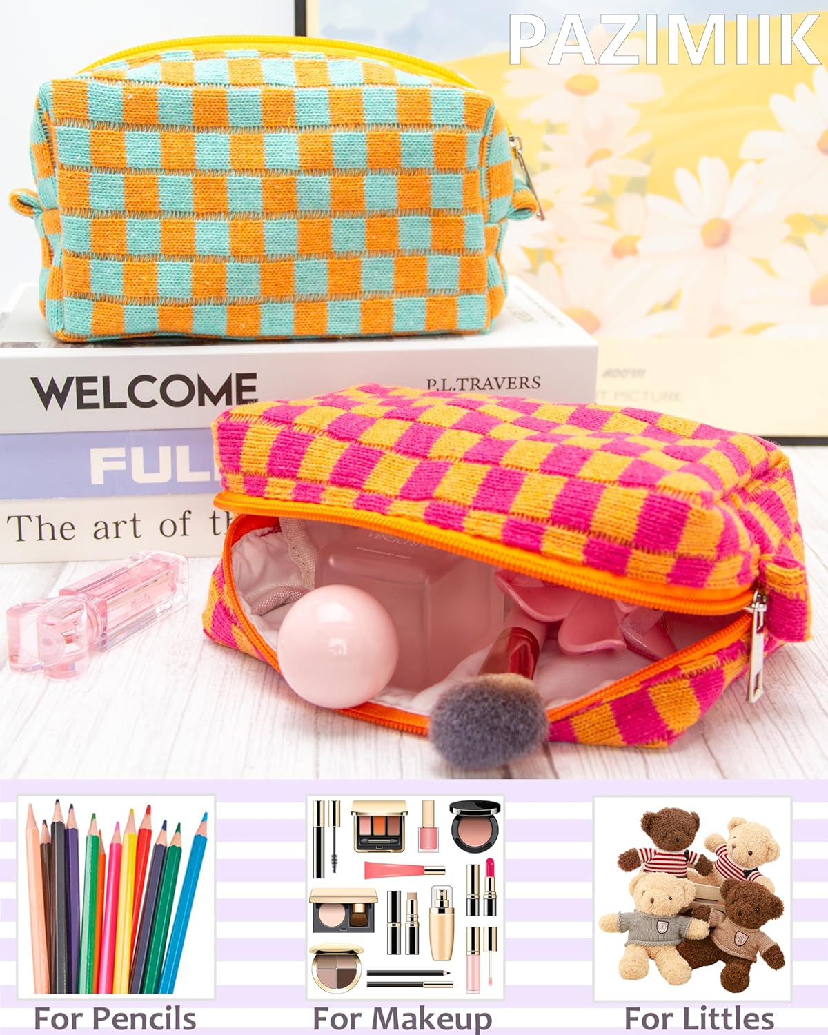 PAZIMIIK 2PCS Checkered Makeup Bag for Purse Portable Zipper Make Up Pouch Small Cosmetic Case for Travel Red Orange