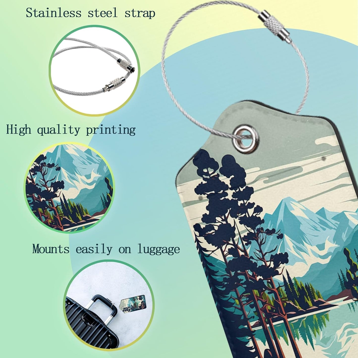 Luggage Tags for Suitcase,2 Pack Mountain Lake Forest Luggage Tag PU Leather Privacy Cover ID Label with Stainless Steel Loop for Women Men Teens Travel