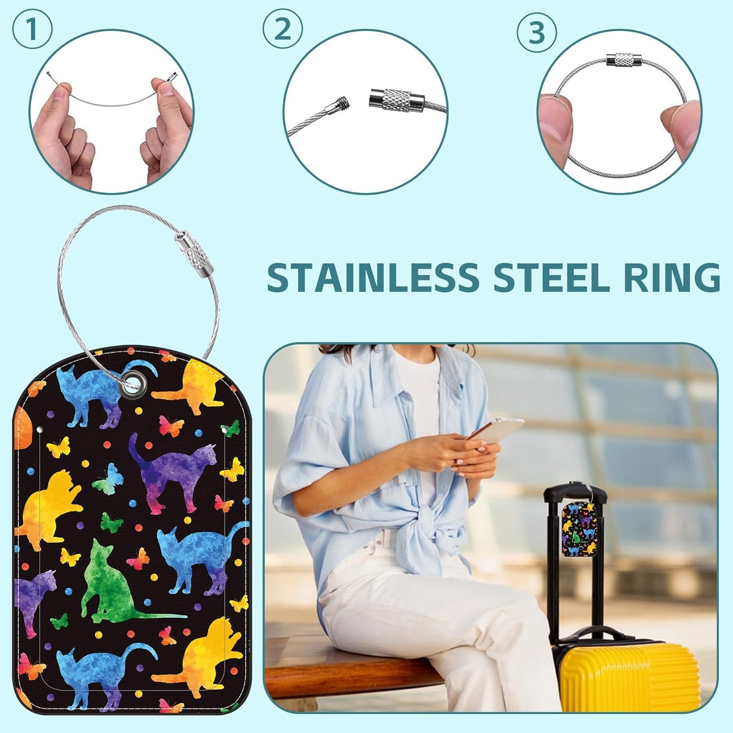 2 Pack Cute Luggage Tag for Suitcases Rainbow Cat Leather Luggage Tags with Stainless Steel Loop Privacy Flap Name Tags,Men and Women Travel Bag Suitcase Tags