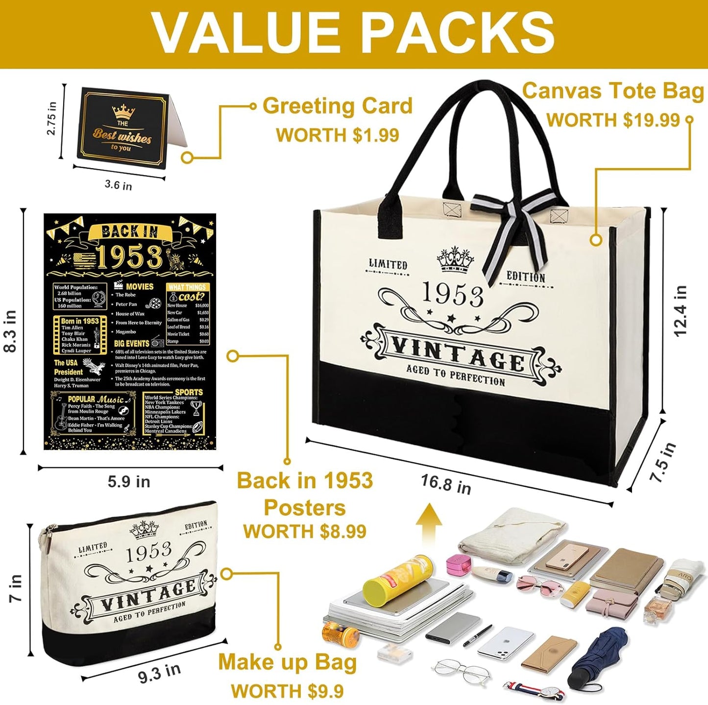 YeohJoy 72nd Birthday Gifts for Her Canvas Tote Bag Travel Gear, Unique 72 Years Old Birthday Gifts for Girlfriend Sister Friends Women, Vintage 1953 Handbag & Cosmetic Bag & Back in 1953 Poster