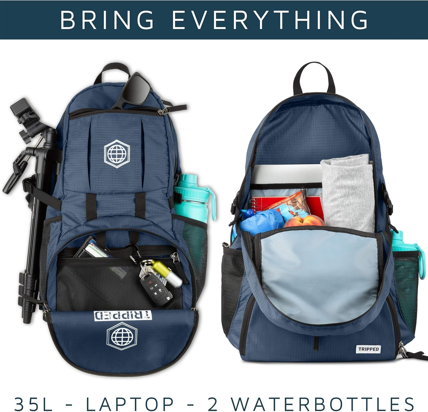 TRIPPED Travel Gear Traveling Backpack- Foldable collapsible lightweight backpack for travel (Blue) 35 liters