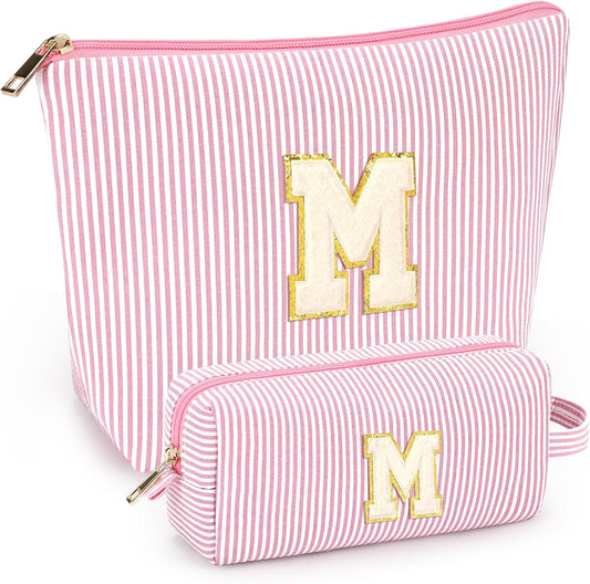 mibasies 2 PCS Initial Makeup Bags: Mothers Day Gifts for Women - Best Friend Birthday Gifts Graduation Gifts Wedding Bridesmaid Girlfriend Wife Daughter Sister Girl Gifts - Light Pink M