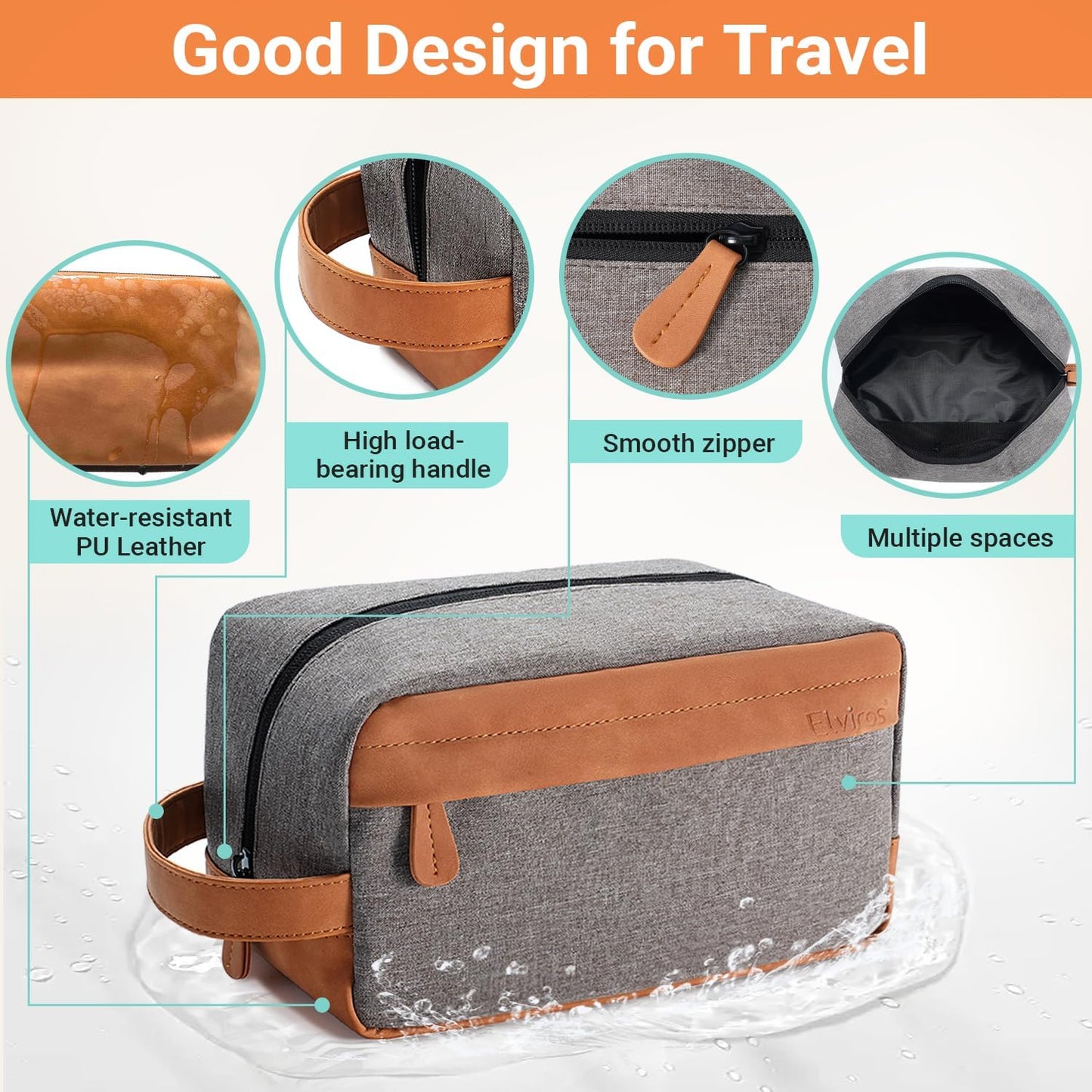 Elviros Travel Toiletry Bag for Men Hanging Dopp Kit Water Repellent PU Leather Shaving Bag with Large Capacity for Travel and Bathroom, Grey