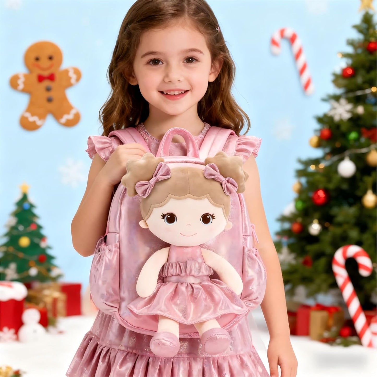 Lazada Toddler Backpack - Baby Girl Gifts Curly Fingerprints Plush Doll Dress Backpack - Fashion Girls Curly Rolled Fingerprints Series - Apricot Pink 11 Inches