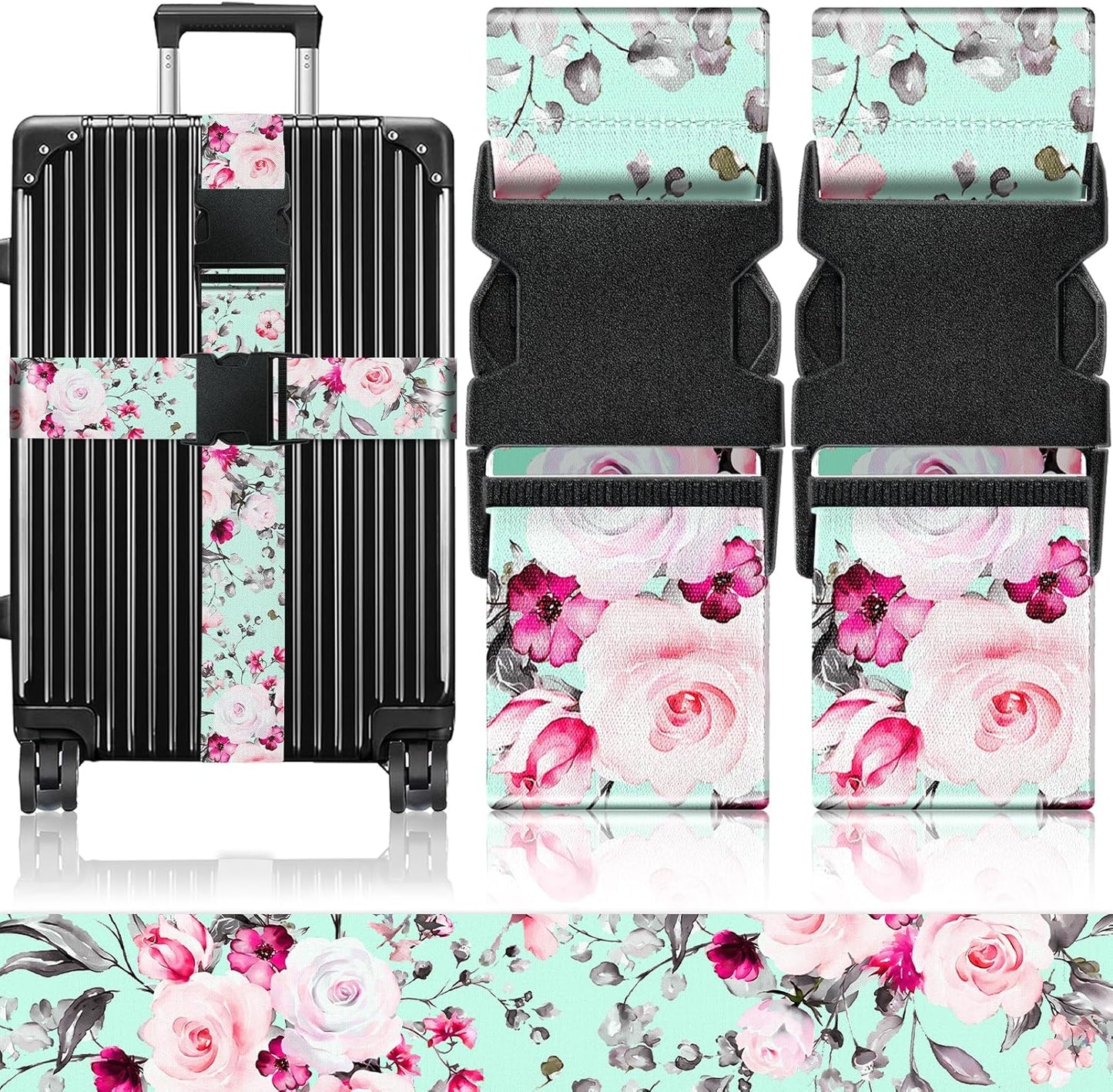 Slohif Luggage Straps for Suitcases Travel Belt Accessories Luggage Connector Identifiers Over Handle with Buckle Unique Nylon Adjustable Strap for Sleeping Bag Car Seat Green Flower (2 Pack)