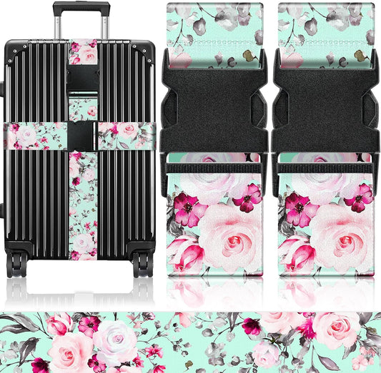 Slohif Luggage Straps for Suitcases Travel Belt Accessories Luggage Connector Identifiers Over Handle with Buckle Unique Nylon Adjustable Strap for Sleeping Bag Car Seat Green Flower (2 Pack)