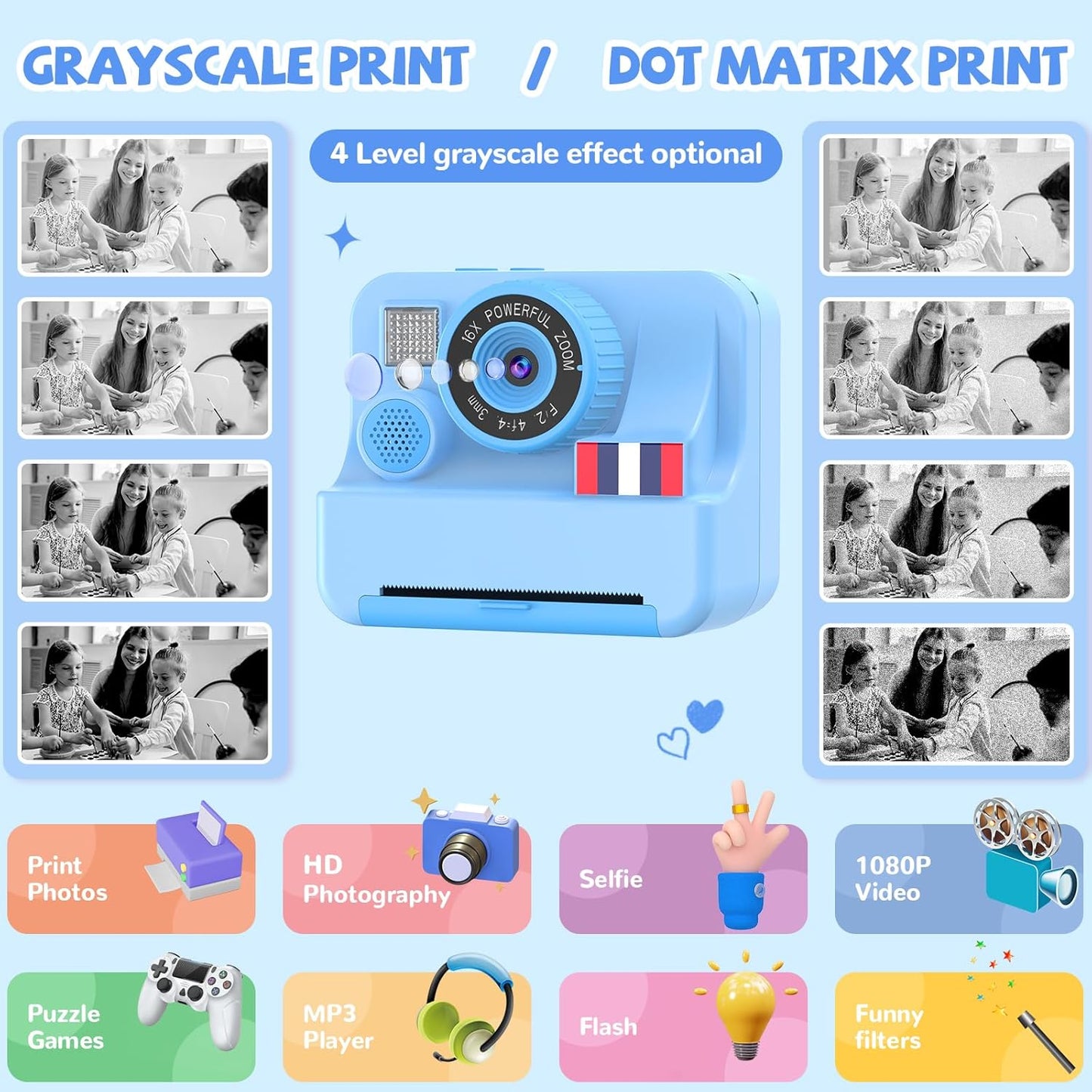 Instant Print Camera for Kids - Christmas Birthday Girls Boys Gifts for Age 3 4 5 6 7 8 9 10 Year Old, 2.4 Inch Screen Kids Instant Camera, Kid Digital Video Dual Cameras with 32 GB SD Card