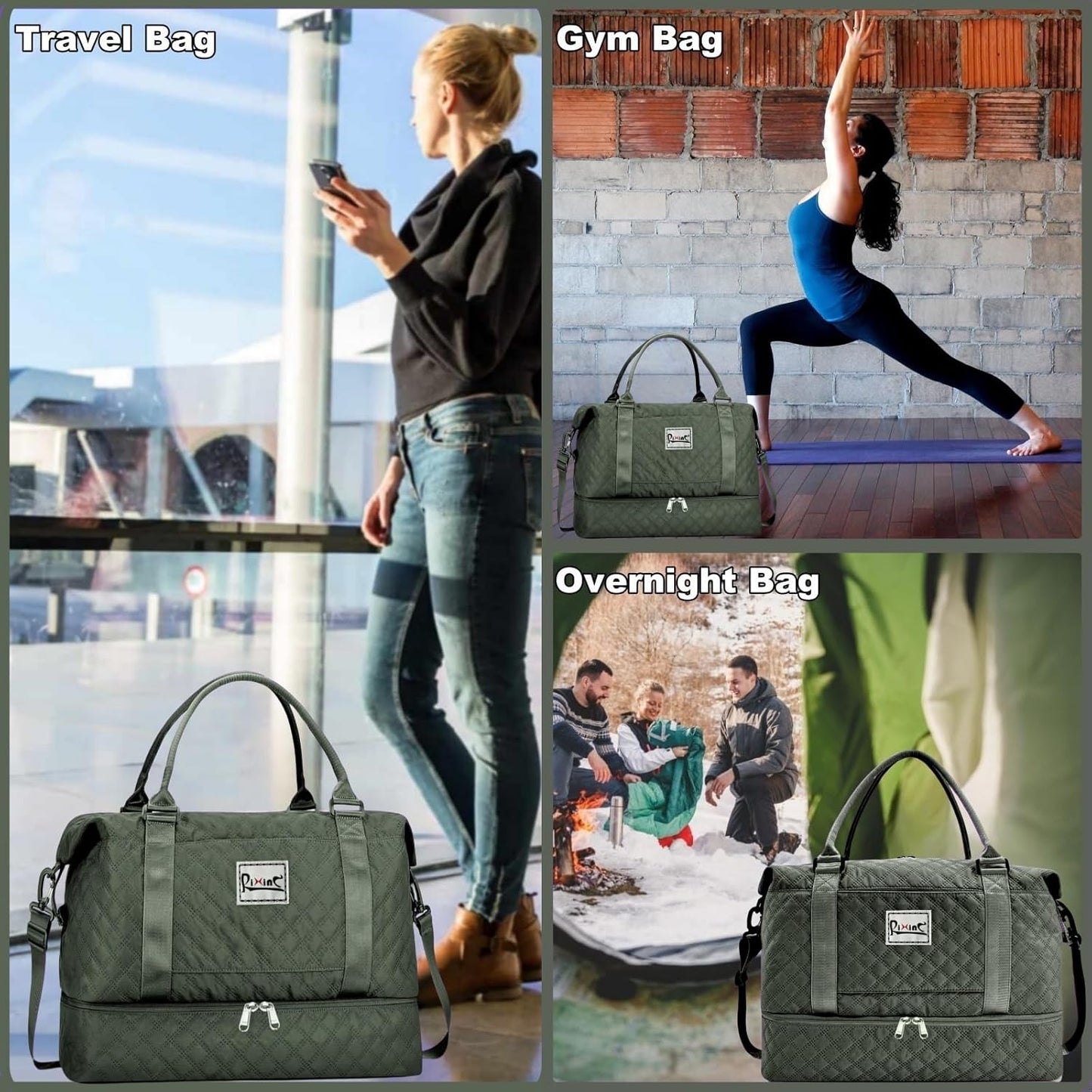 Large Travel Duffle Bag Weekender Bags for Women with Shoes Compartment, Travel Duffel Tote Carry on Overnight Bag for Travel Business Trips, Sport Yoga Gym Bag with Wet Pocket (Olive Green)