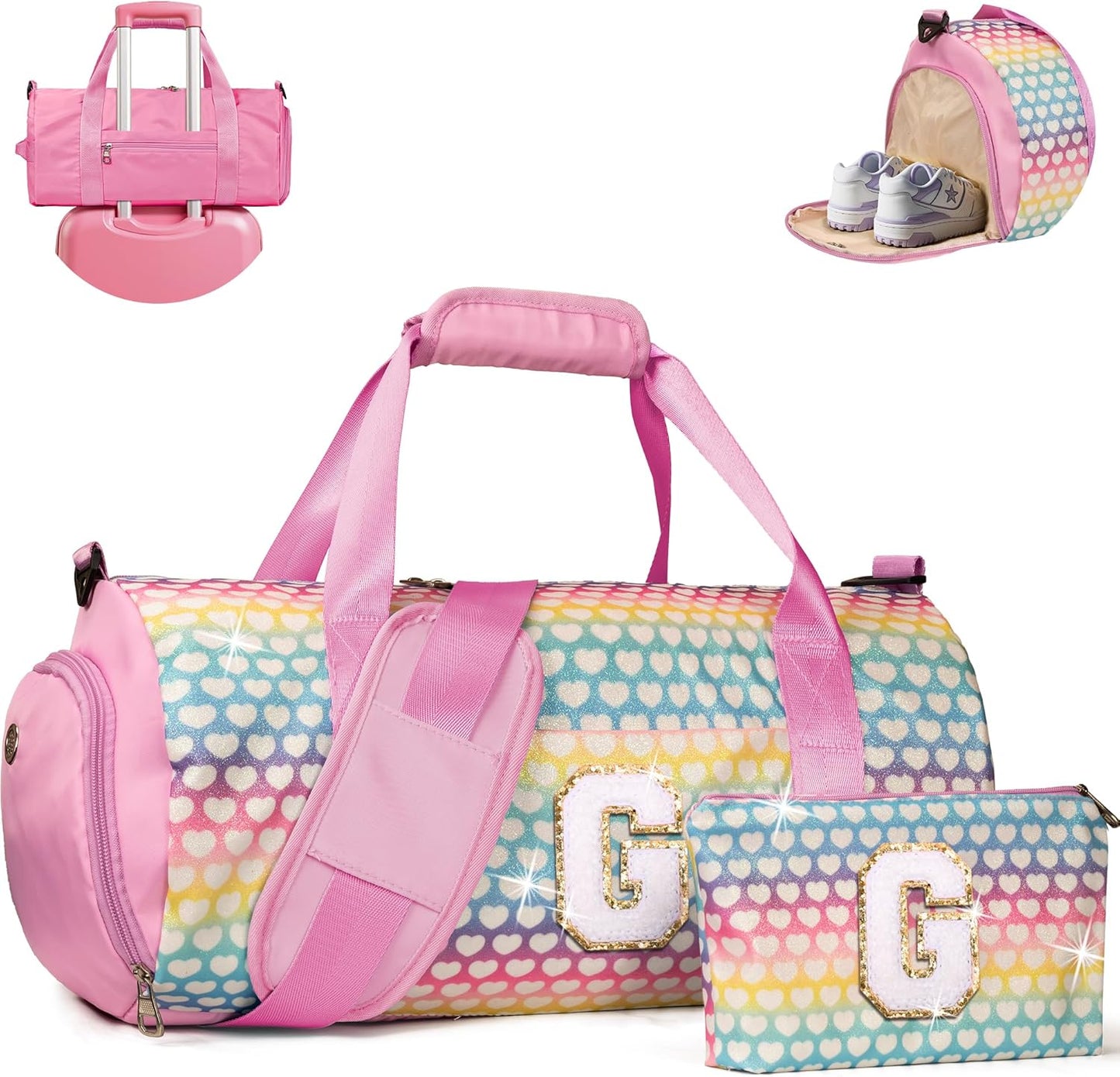 Gifts for 9 Year Old Girl, Girls Travel Duffel Bag, Kids Initial Overnight Bags with Shoe Compartment, Personalized Weekender Bag with Makeup Pouch, Gift for Granddaughter (Letter G)