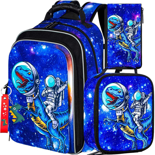 KLFVB 3PCS Cat Uni Dinosaur Backpack for Girls and Boys, 16" Kids Bookbag and Lunch Box, Preschool Backpacks for Elementary