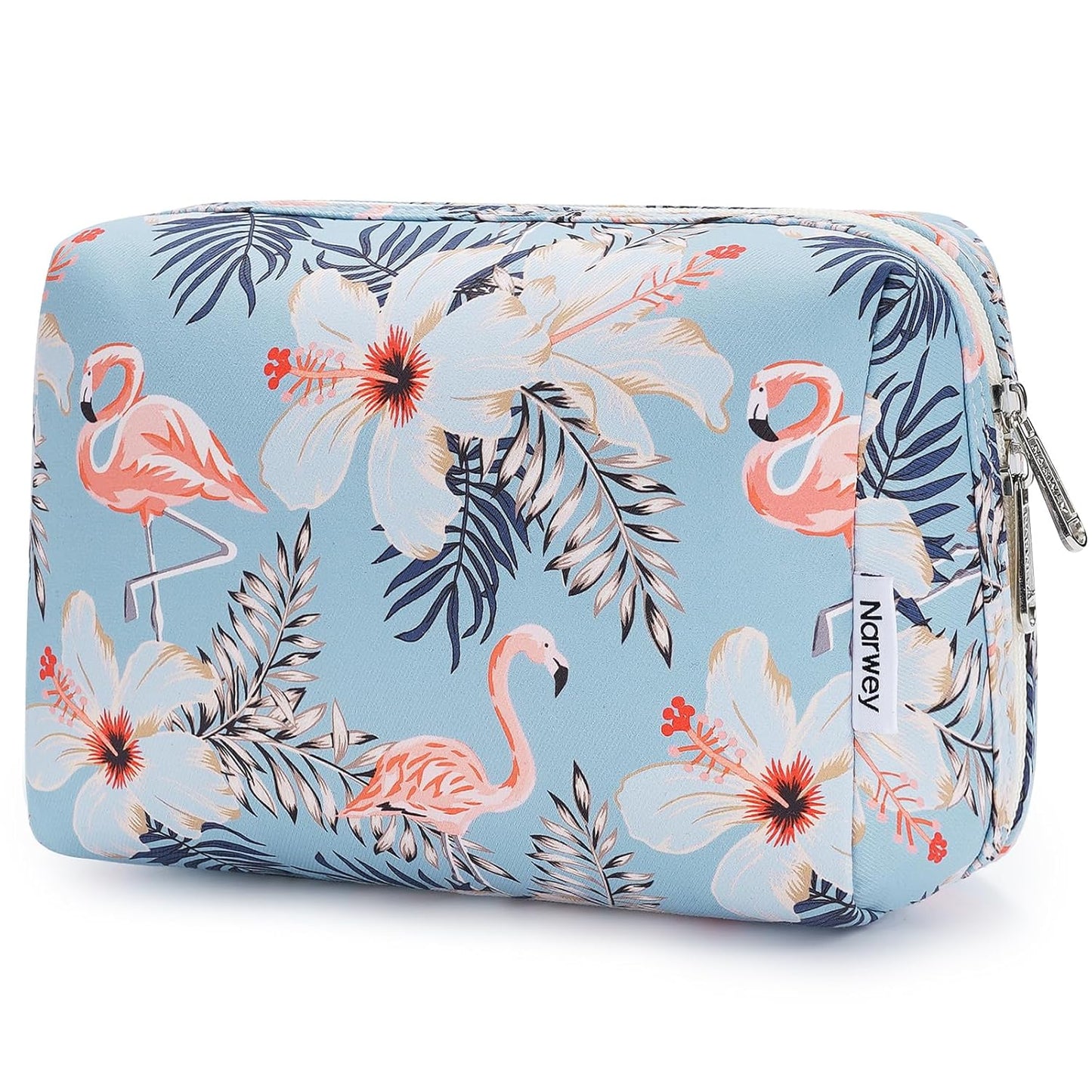 Narwey Cute Makeup Bag Travel Cosmetic Bag Organizer Toiletry Bag Make Up Bags with Compartments for Women Girls (Large, Aqua Flamingo)